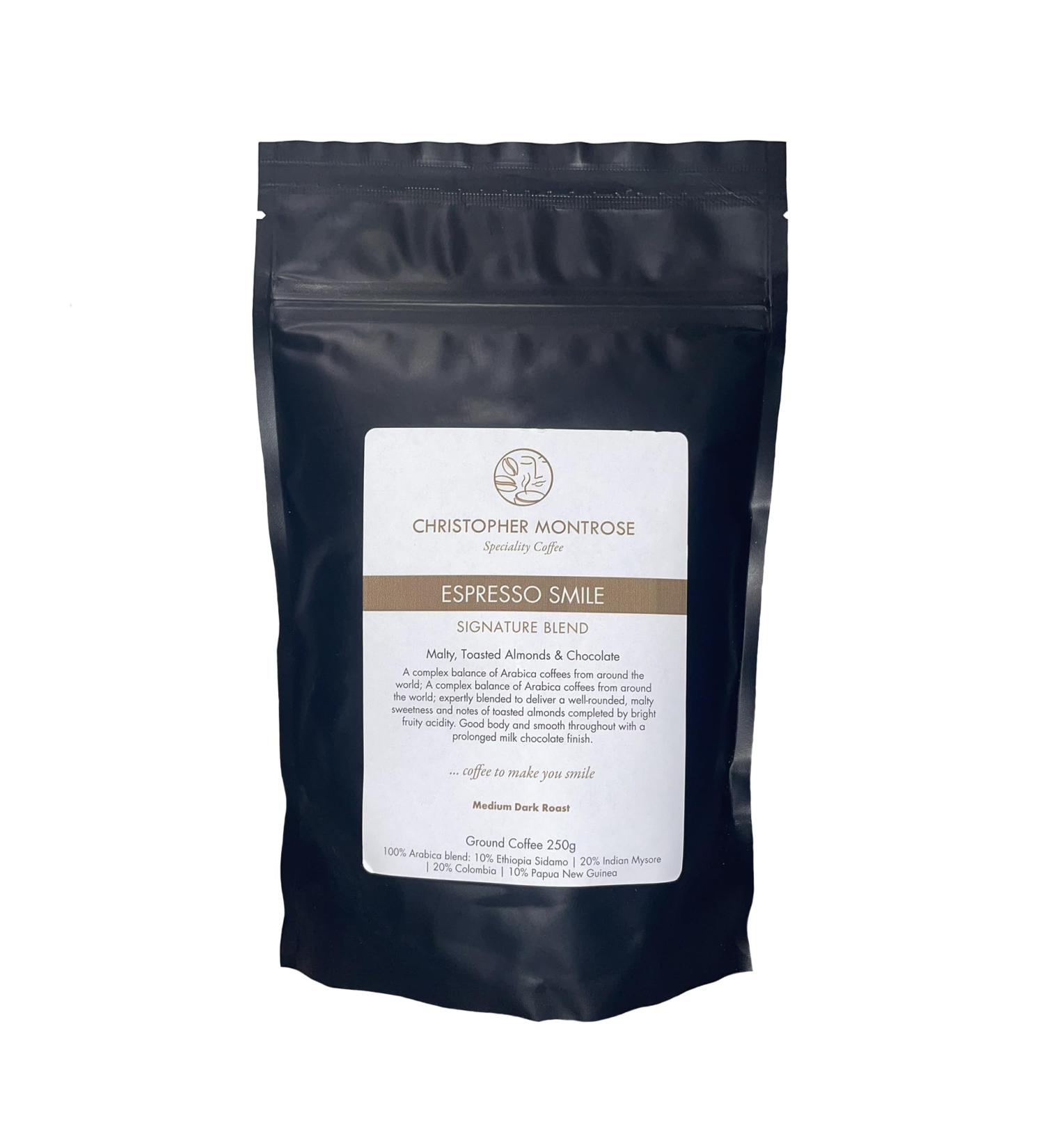 Espresso Smile | Signature Blend Ground Coffee | Dark Roast | 250 Gram Pack - Buy Online on GoSupps.com