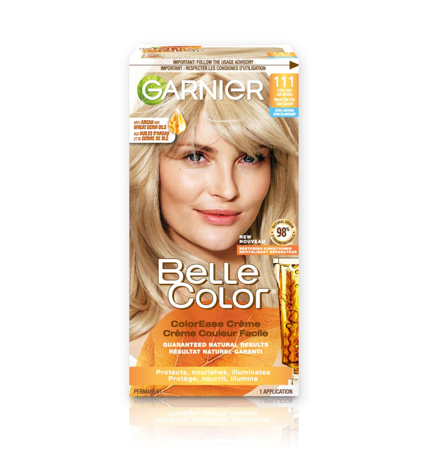 Garnier Belle Color Permanent Hair Dye 111 Extra Light Ash Blonde 100% Grey Coverage Enriched with Argan Oil and Wheat Germ Oils - 1 Application Packaging may vary - Buy Online on GoSupps.com
