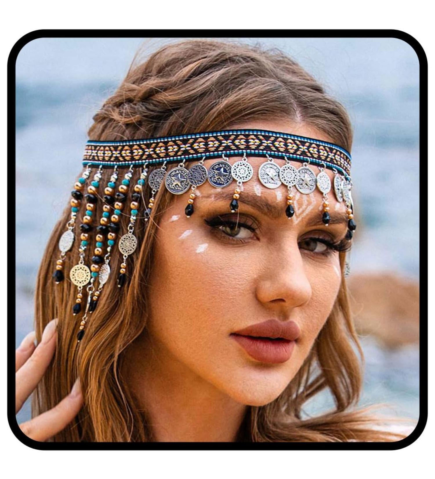Kisshine Boho Head Chain Silver Coins Headband Bridal Tassel Headpiece Hairband Festival Hair Accessories for Women and Girls - Buy Online on GoSupps.com