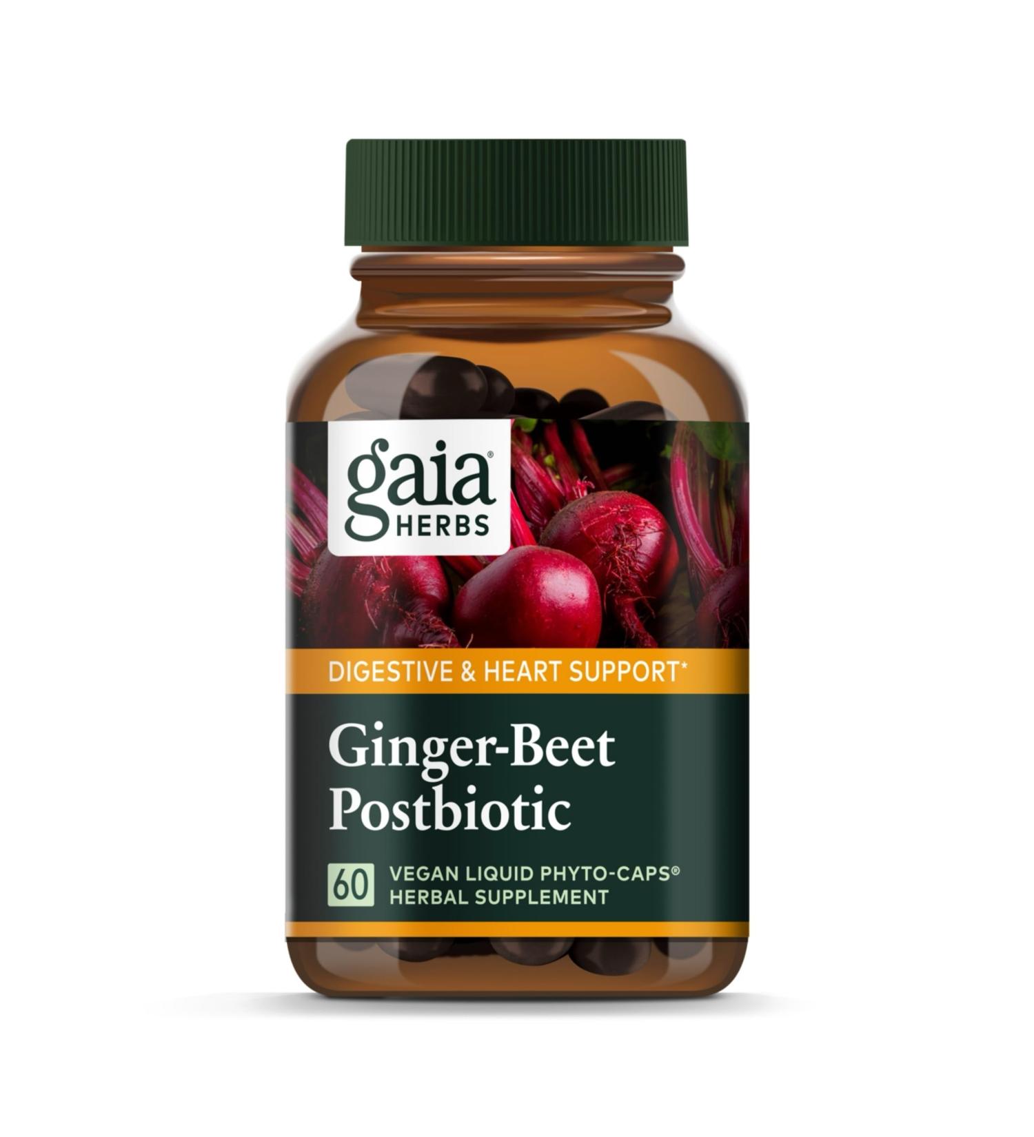 Gaia Herbs Ginger-Beet Postbiotic - Supplement for Gut & Heart Health Support - Made with Organic Fermented Beets & Ginger - Free from Dairy Soy & Gluten - 60 Vegan Capsules (30 Servings) - Buy Online on GoSupps.com
