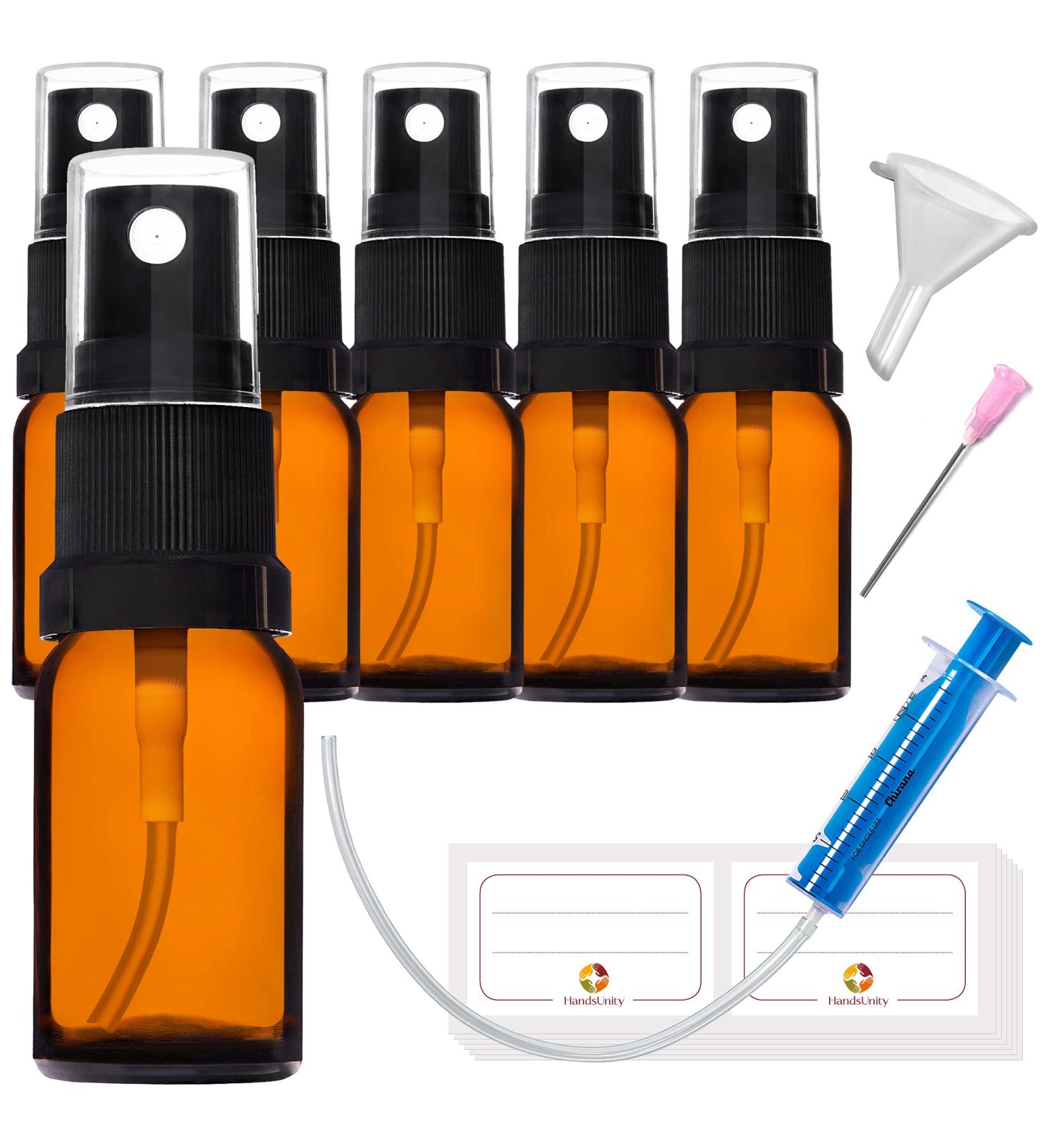 Buy Handsunity 15ml Glass Spray Bottle Set - 6 Amber Pharmacy Bottles with Black Atomizer & 17 Accessories for Optimal Travel & Storage - Buy Online on GoSupps.com