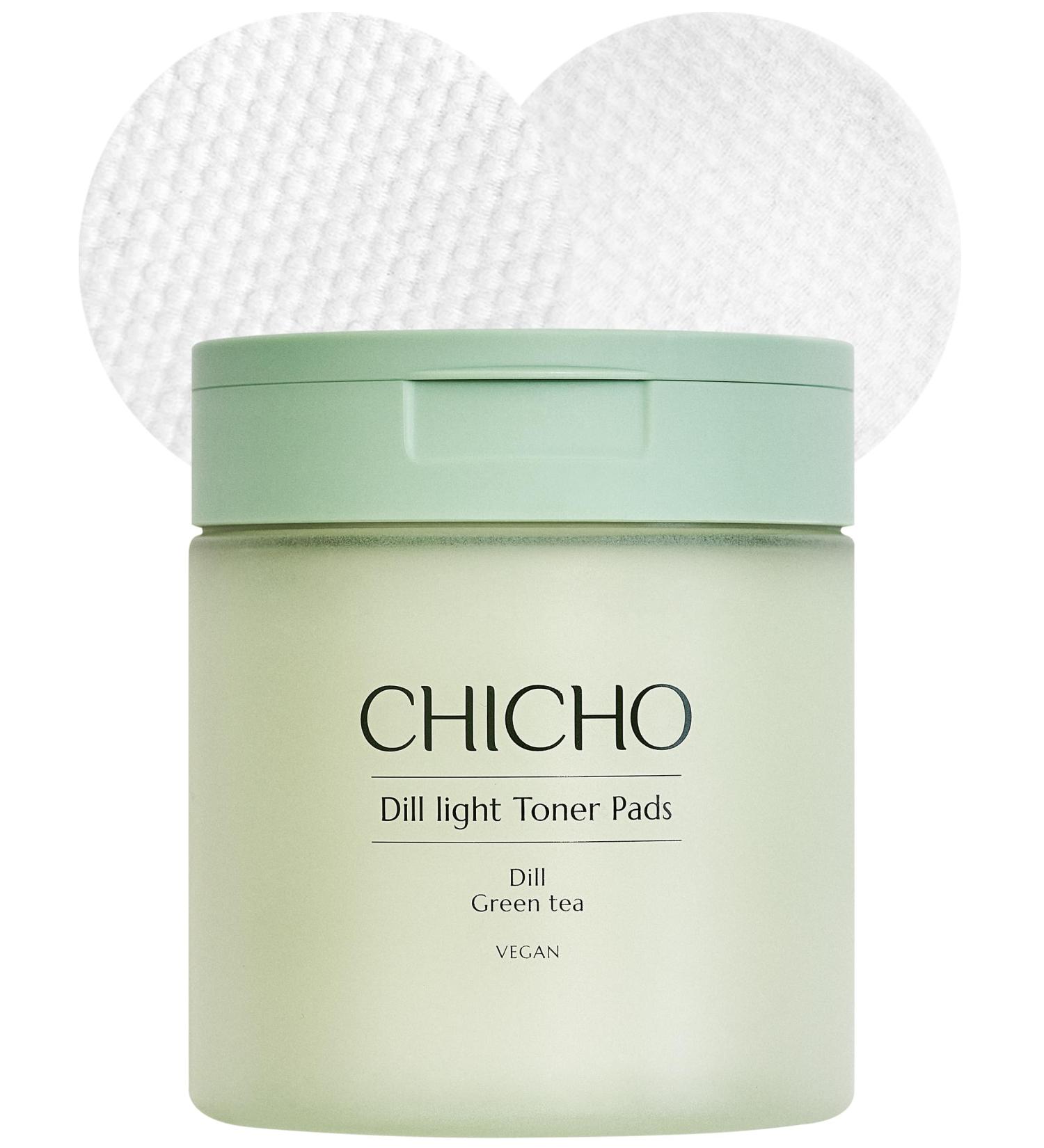 CHICHO Dill Light Toner Pads (80 Pads) Jumbo 7cm OEKO-TEX Standard 100 Class I 100% Cotton Dual-Sided Pads for Rough Texture & Makeup Prep 82.9% Dill Extract Face Exfoliating and Moisturizing - Buy Online on GoSupps.com
