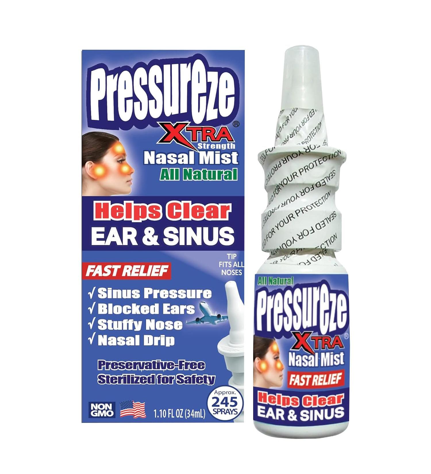 Pressureze Xtra - Natural- Preservative Free - Sterile Nasal Spray - for Severe Sinus Congestion Relief - Opens Blocked Ear Canals, Snoring - 245 Sprays, 34 ml (Pack of 1) 1.1 Fl Oz ( Pack of 1) - Buy Online on GoSupps.com