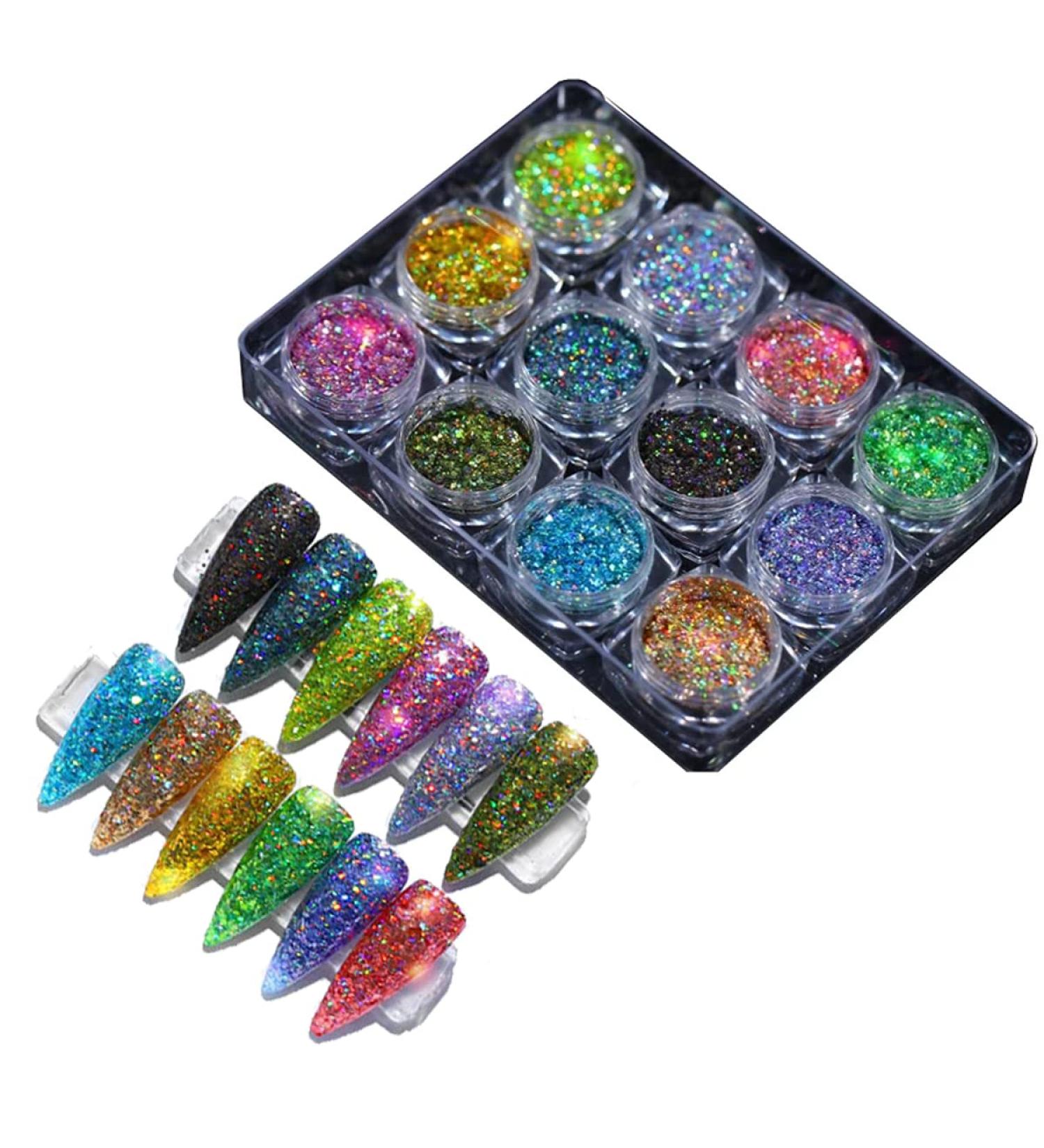 Holographic Glitter Superfine Nails Sequins - 12 Colors Iridescent Paillette Nail Art Kit Decorations - Buy Online on GoSupps.com