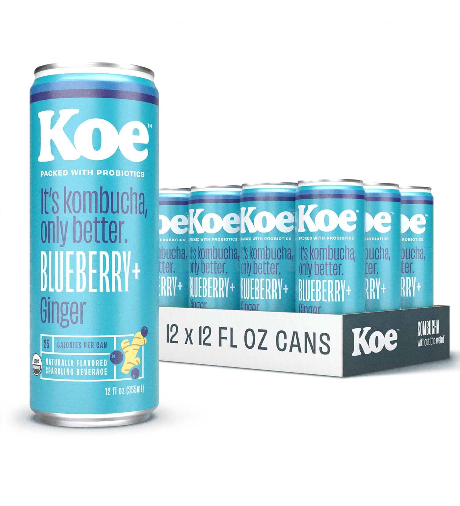 Koe Organic Kombucha Cans Blueberry Ginger | Sparkling Fruit Drink with Probiotics and Vitamin C | 12 oz Pack of 12 - Buy Online on GoSupps.com