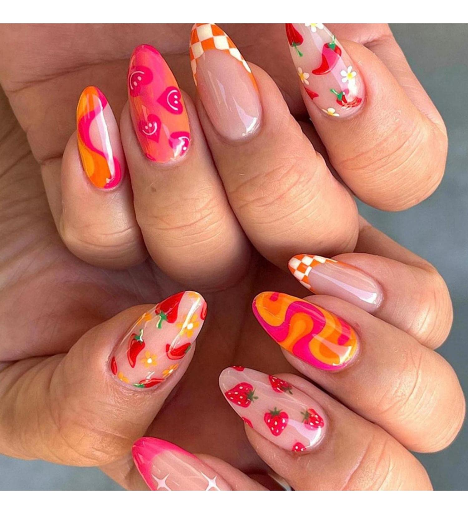 24Pcs Almond French Press on Nails Short Cute Vegetable & Fruit Oval Acrylic Glossy False Nails for Women - Buy Online on GoSupps.com