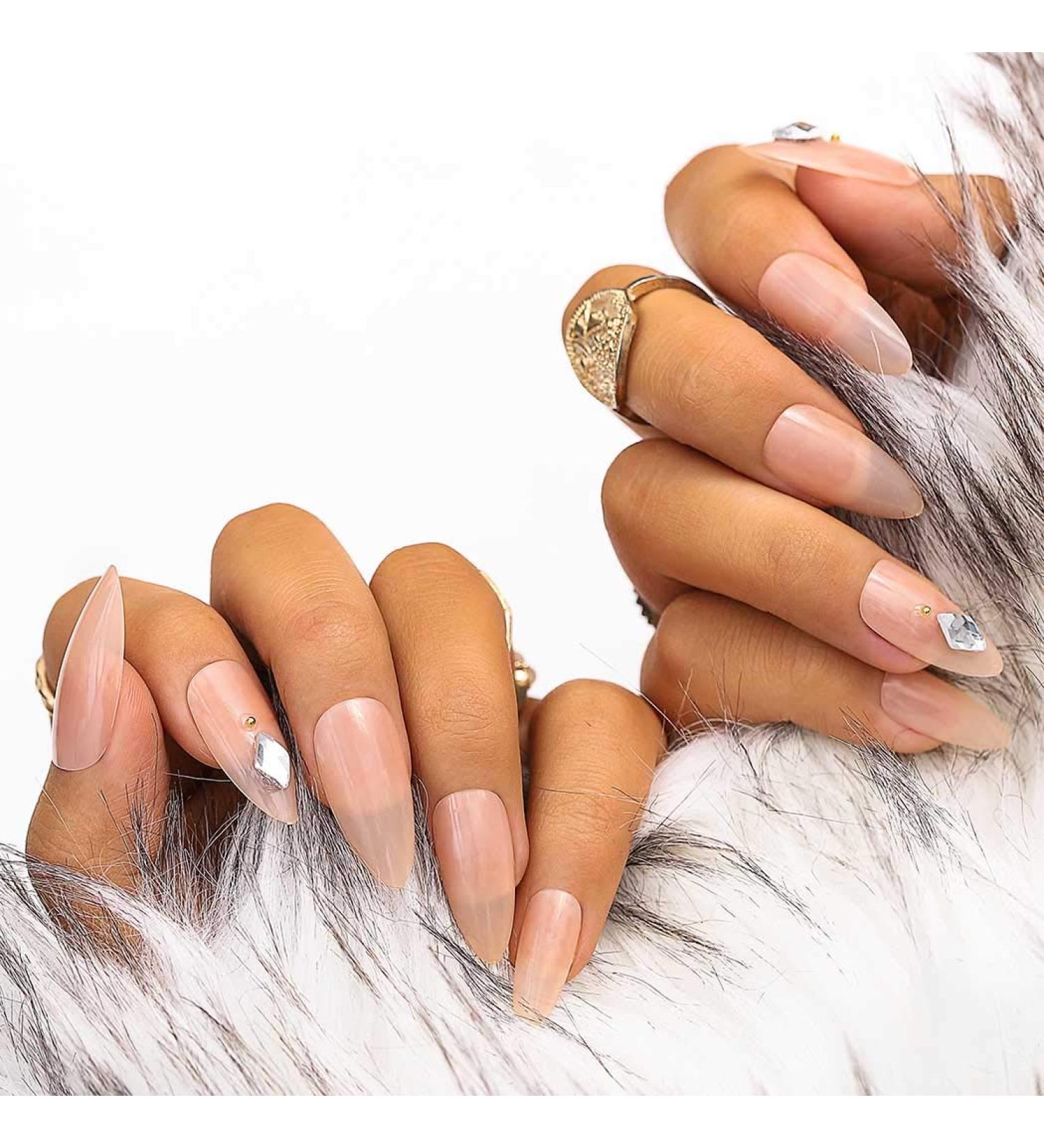 Sethexy Salmon Pink Long Oval False Fingernails with Rhinestones 24pcs Complete Cover Acrylic Press-On Nail Tips for Women & Girls - Buy Online on GoSupps.com