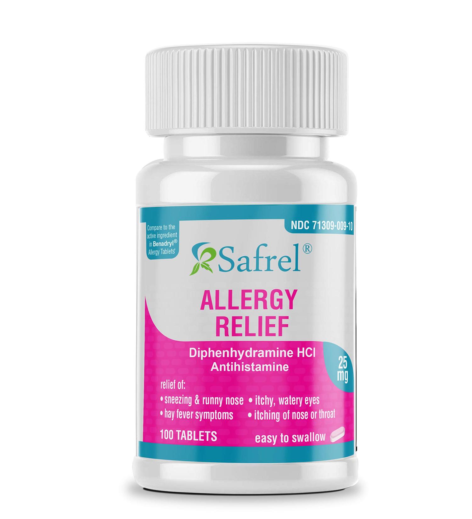 Safrel Allergy Relief Medicine - 100 Tablets | Antihistamine Diphenhydramine HCl 25mg | for Children and Adults | Relieves Sneezing, Runny Nose, Itchy Eyes & Throat | Value Pack - Buy Online on GoSupps.com