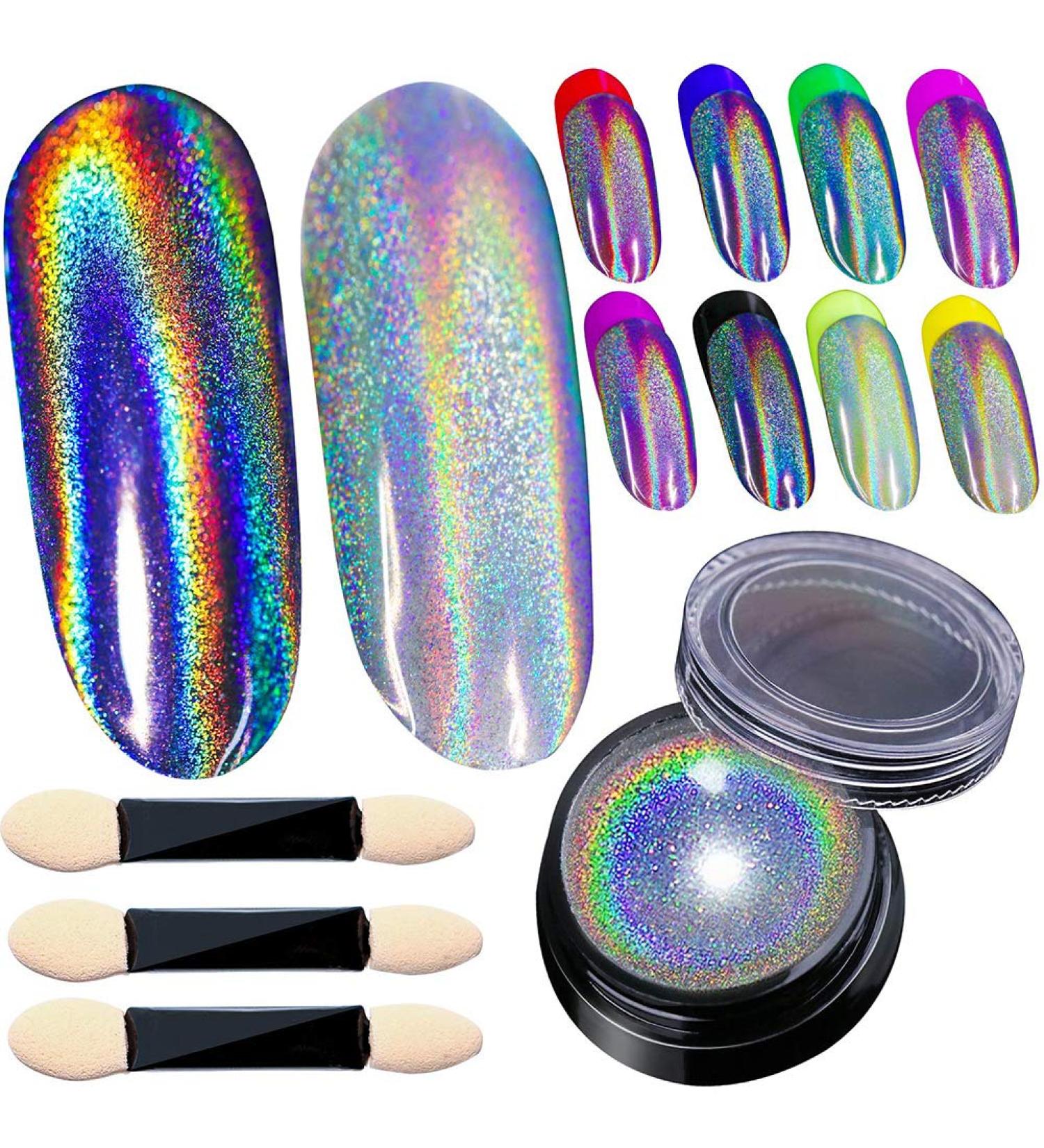 Holographic Nail Powder Set - Chrome Rainbow Unicorn Effect with Sponge Tool - 3pcs 0.04oz - Nail Art Glitter Dust for DIY Manicure - Buy Online on GoSupps.com