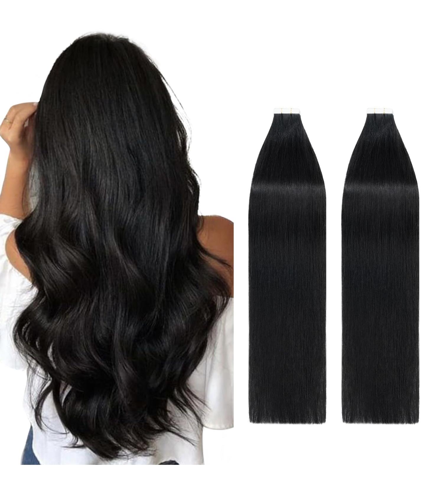 Silk-co Tape-In Real Hair Extensions Black 40 Pieces Real Hair Tape Extensions Remy Tape Glue Extensions Skin Weft 100 g No. 01 Jet Black 60 cm - Buy Online on GoSupps.com