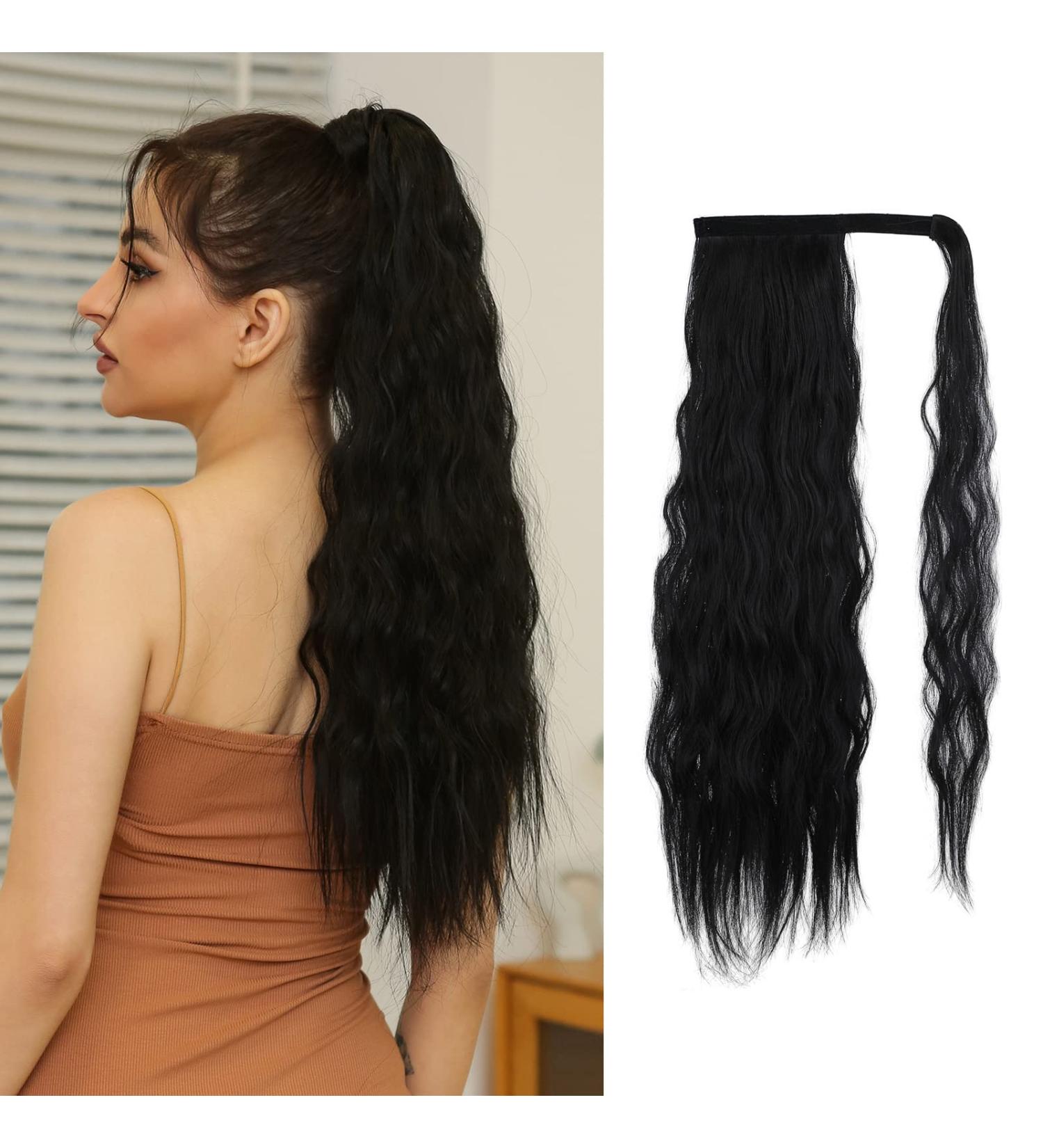 24 Inch Black Wavy Oefei Ponytail Extension - Long Corrugated Synthetic Hair with Velcro Fastener for Women - Buy Online on GoSupps.com