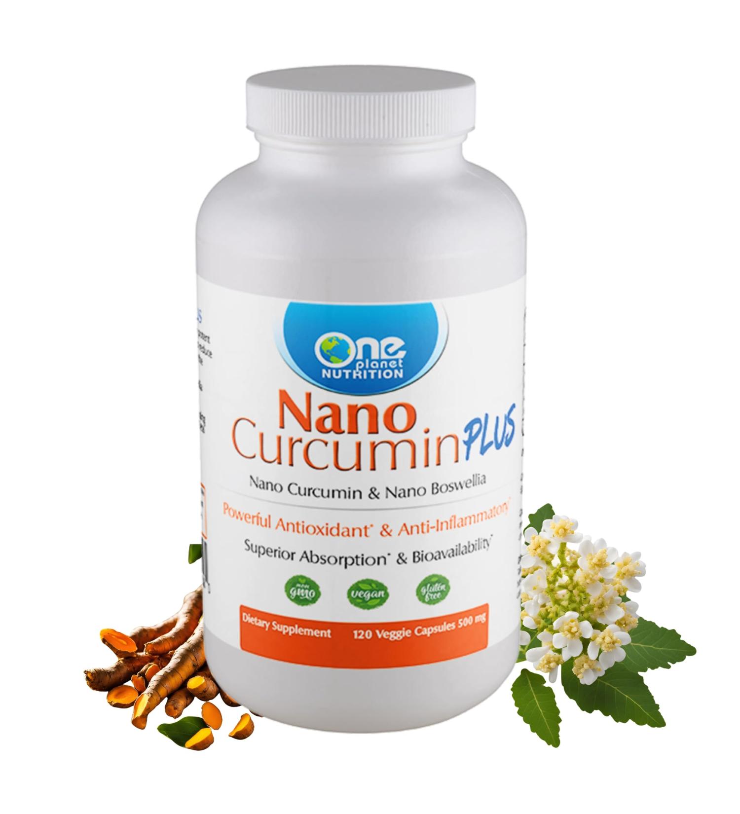 One Planet Nutrition Nano Curcumin Plus 500 mg Veggie Capsules (240 Servings) Nano Curcumin with Boswellia for High Absorption Supports Joint and Immune Health Non-GMO Vegan Gluten-Free - Buy Online on GoSupps.com