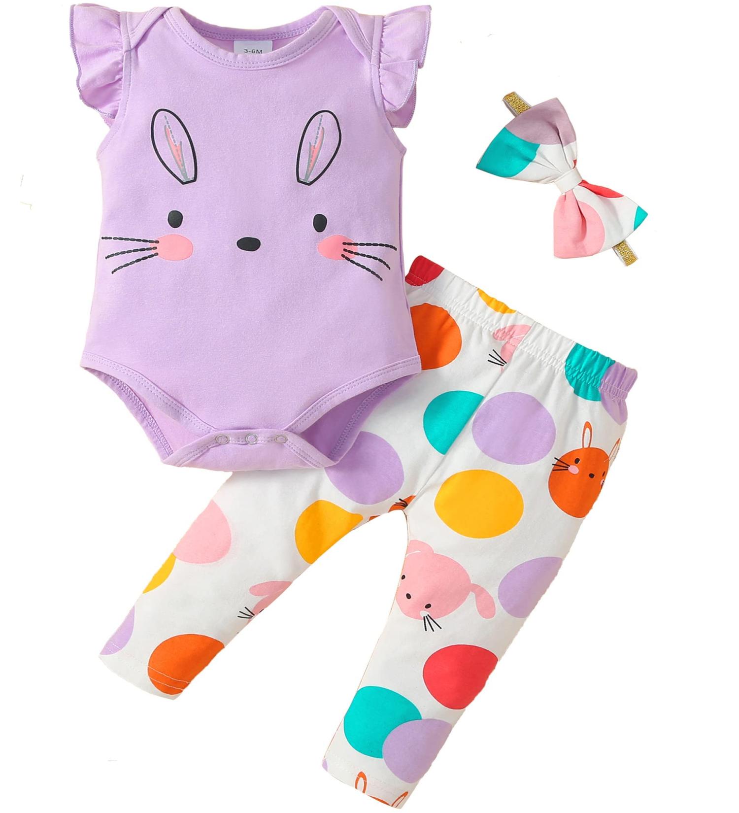 Koonde Baby Girl Clothes 3-Piece Outfit Set | Romper, Trouser & Headband | Purple & White | Newborn to 24 Months - Buy Online on GoSupps.com