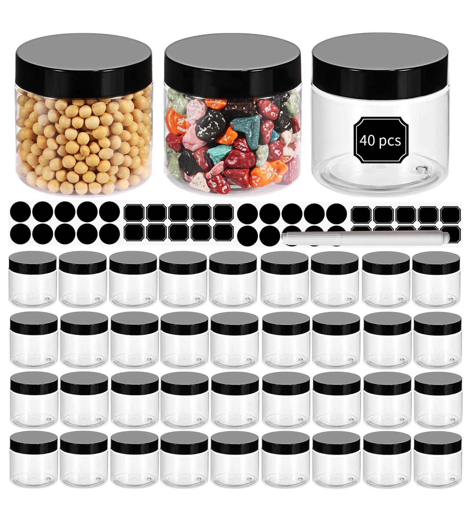 40 Pack 180ml Clear Plastic Jars with Black Lids | Refillable Round Containers for Slime & Beauty Products | Includes Pen & 80 Labels | 6oz - 40 Pack - Buy Online on GoSupps.com