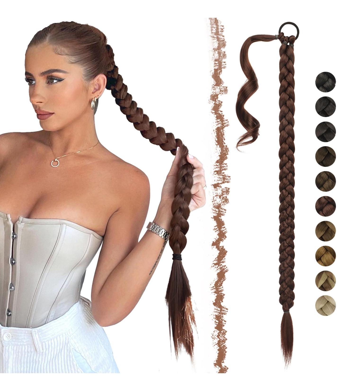 Fine Braid Extensions - 75 cm Reddish Brown Ponytail with Hair Tie | Synthetic Hair Extensions for Women - Buy Online on GoSupps.com