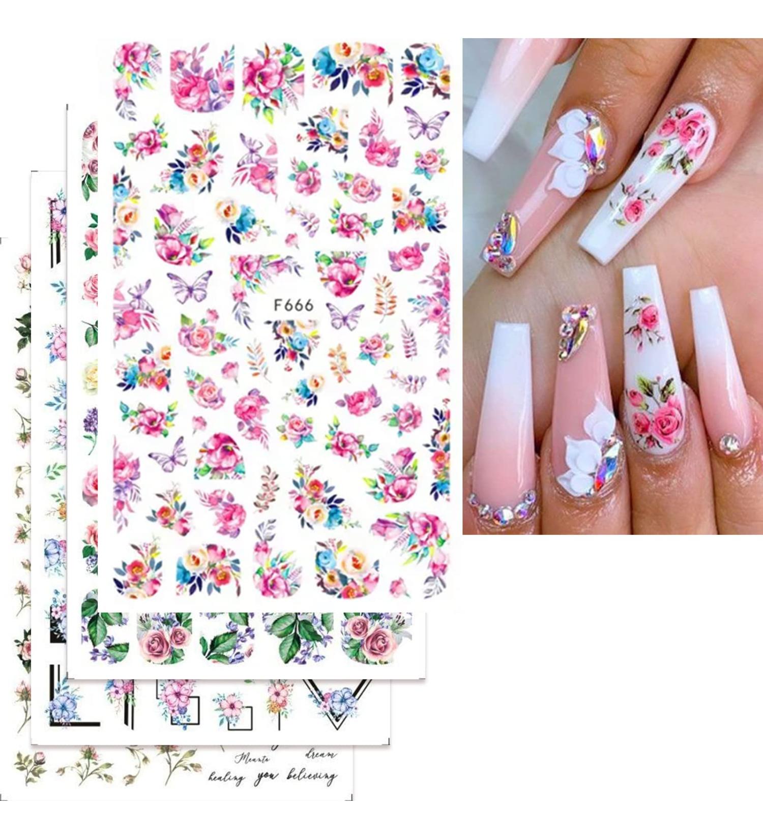 YOSOMK Flower Nail Stickers - 3D Self-Adhesive Decals for Spring Nail Art | Rose, Lavender, Butterfly Patterns | Nail Accessories for French Nail Design - Buy Online on GoSupps.com