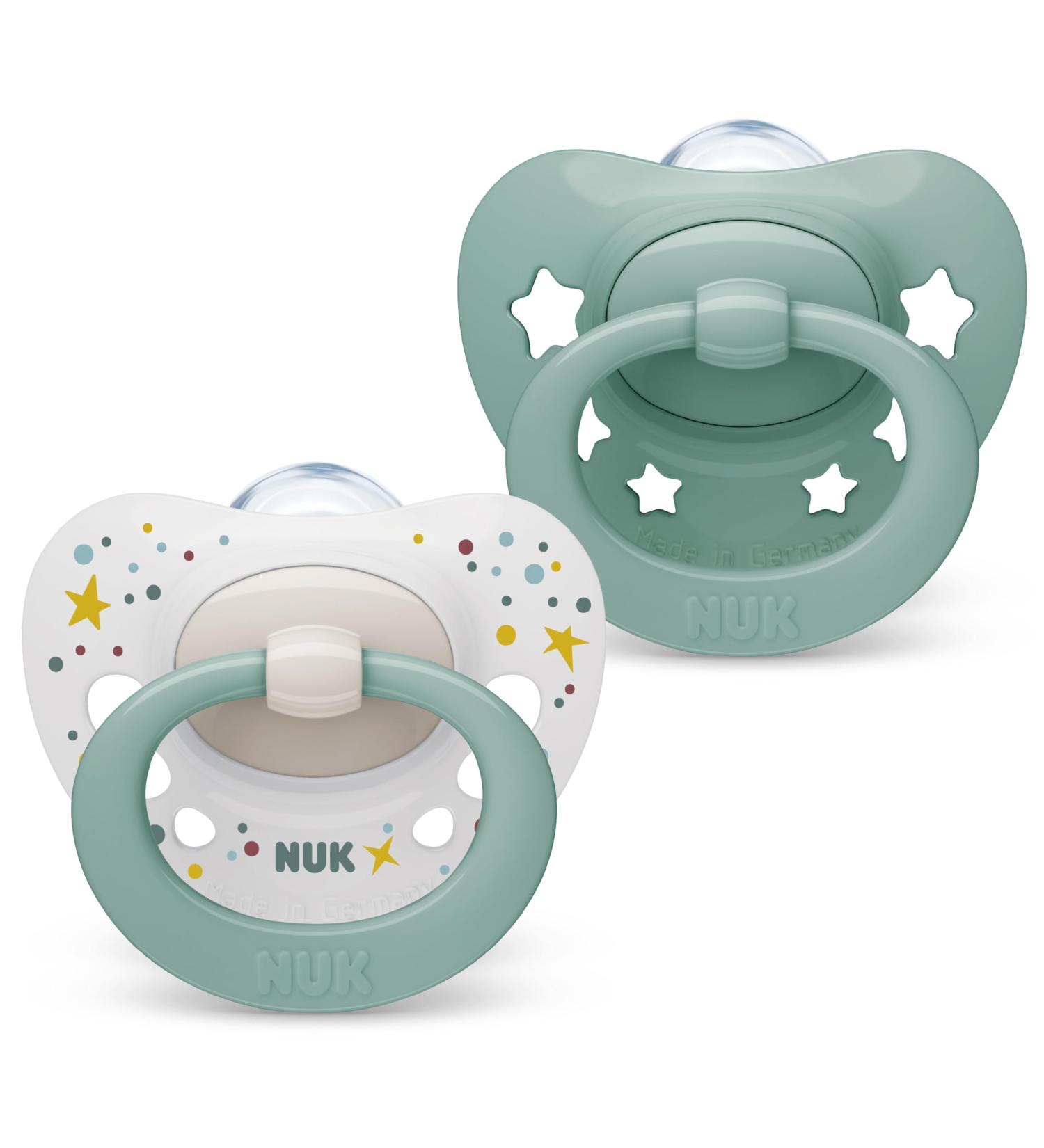 Nuk Signature Baby Pacifier | 0-6 Months | BPA-Free Silicone | Heart Shape | Green Stars | 2-Pack | Calms 95% of Babies - Buy Online on GoSupps.com