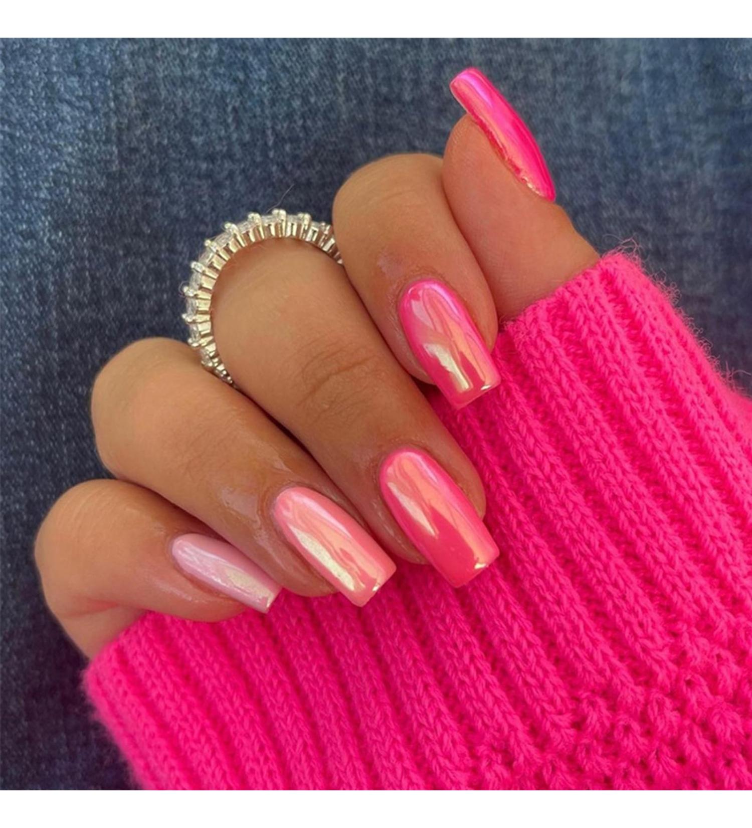 Chrome Pink Press on Nails - Medium Square Full Cover Acrylic Glossy Glue-on Fake Nails - 24pcs Aurora Pearl Flash Design for Women Nail Manicure Kit - Buy Online on GoSupps.com