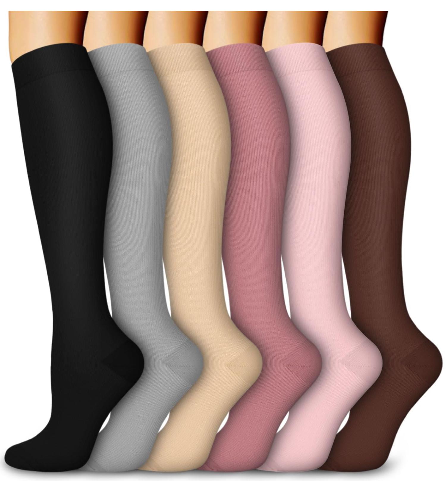 6 Pairs Compression Socks for Women and Men 15-20mmHg Compression Stockings for Swelling Running Hiking Travel Nursing A1-6 Pack Black/Grey/Beige/Pink/Brown Small-Medium - Buy Online on GoSupps.com