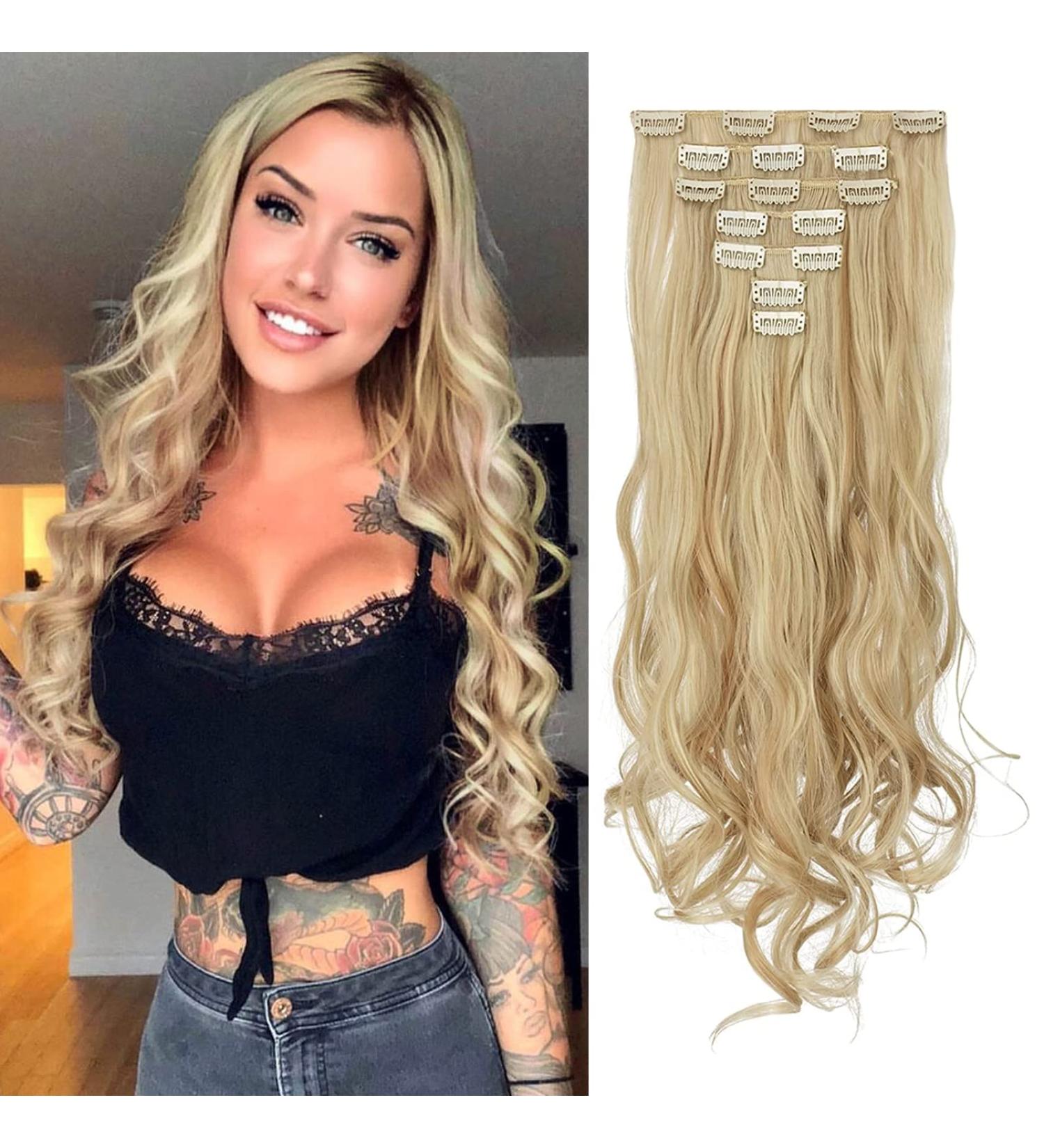 Feshfen Clip In Extensions Set - 7 Part 16 Clips Wavy Hair Extensions for Women - Light Blonde & Bleach Blonde - 50cm (18H613#) Synthetic Hair - Buy Online on GoSupps.com