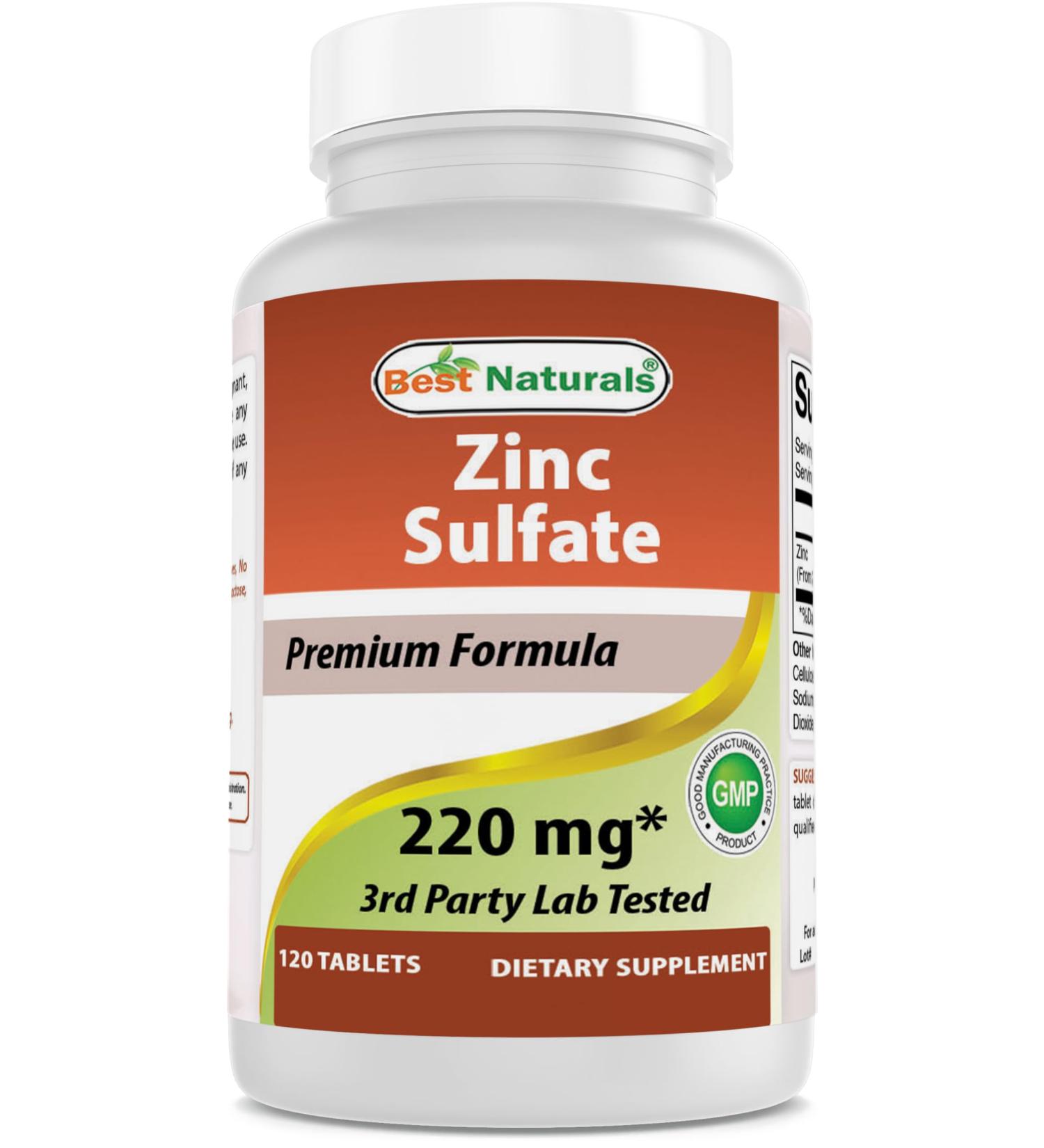 Best Naturals Zinc Sulfate 220 mg 120 Tablets - 3rd Party Lab Tested - Made in The USA - Gluten Free & Non-GMO - Buy Online on GoSupps.com