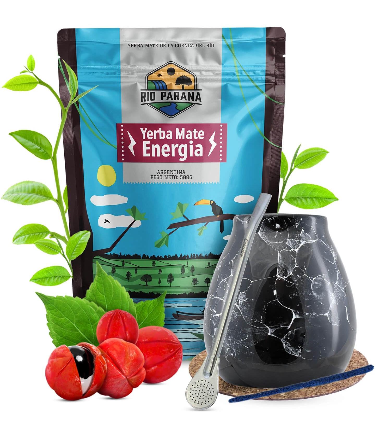 Yerba mate Rio Parana set avec accessoires | Energia stimulant au guarana | Calebasse bombilla et accessoires | Yerba mate argentin | Yerba mate th | Caf ine naturelle | 500g | 0 5kg