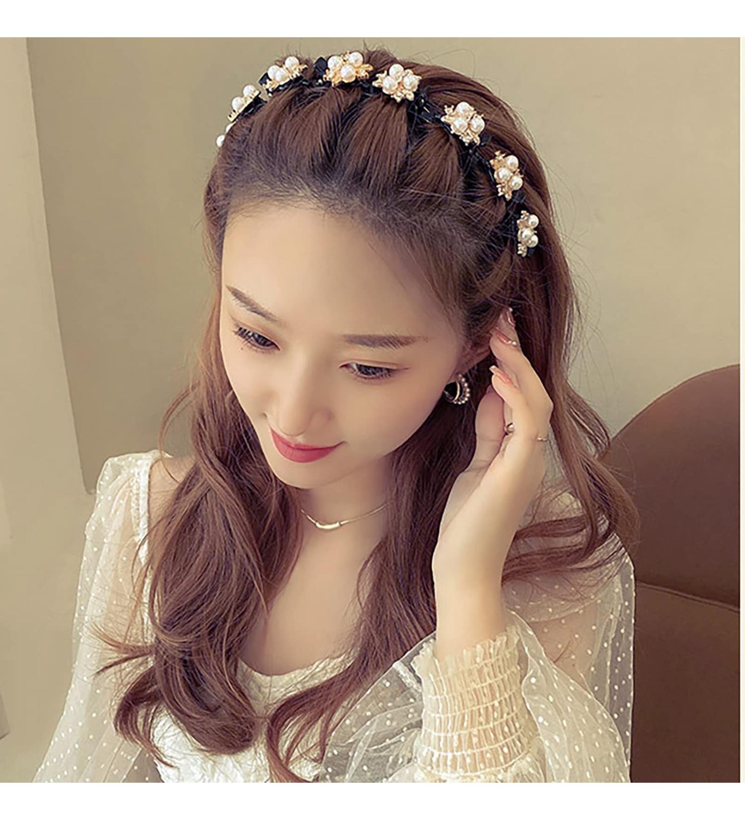 Shop Tseenyi Pearl Hairpin & Band - Layered Pony & Baroque Crystal Headband Jewelry for Women & Girls | Valentine's Day Gift (Black) - Buy Online on GoSupps.com