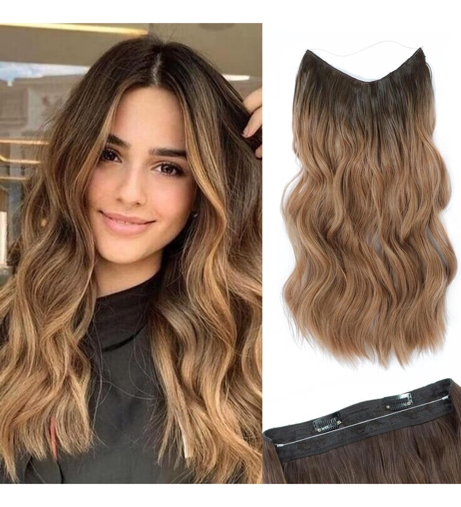 Invisible Wire Hair Extension Clip in Natural Wavy Synthetic Hair 20inch Ombre Caramelo with Dark Root - Adjustable Size, 2 Secure Clips - Long Curly Secret Hair Piece for Women - Buy Online on GoSupps.com