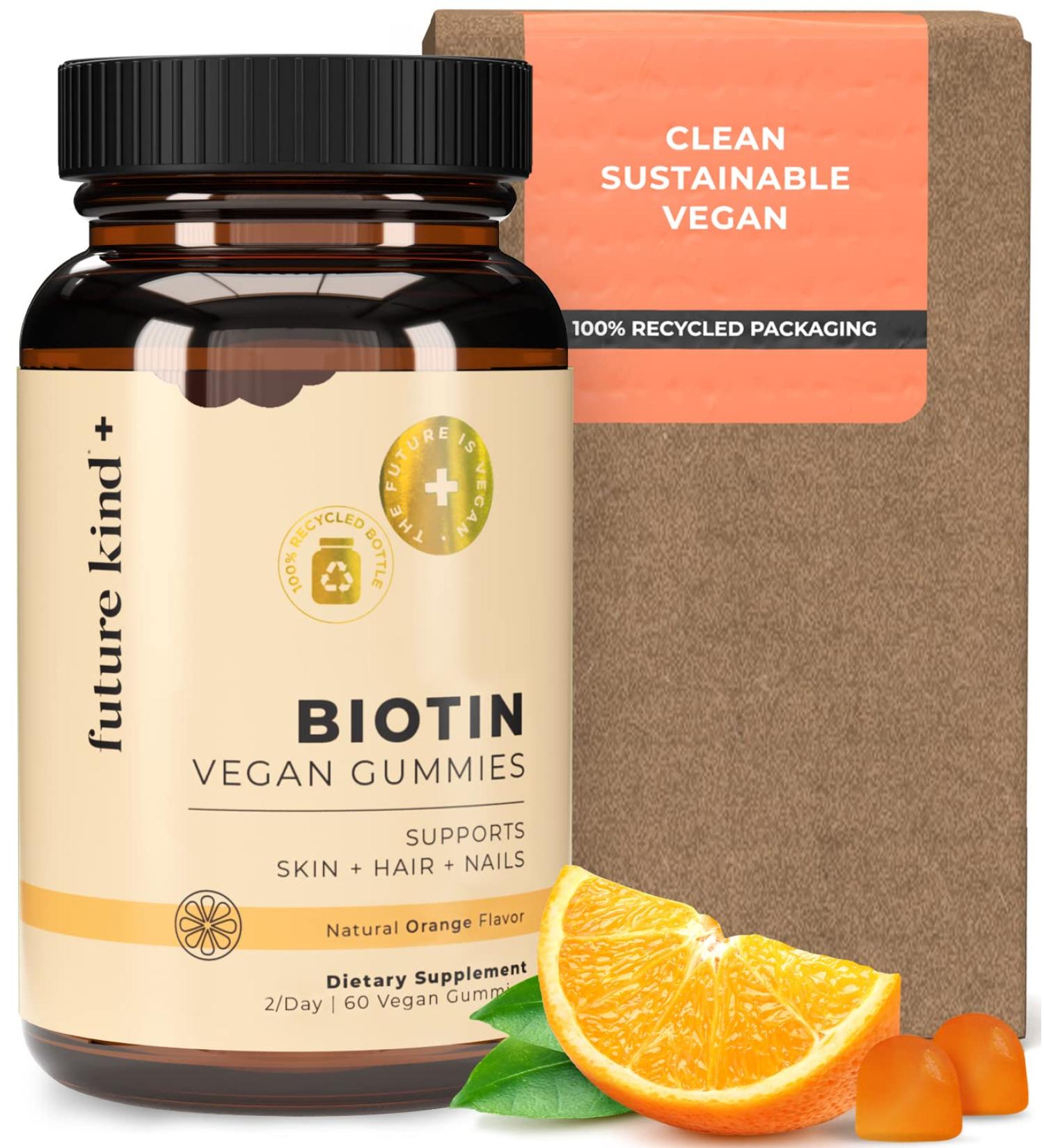 Future Kind Vegan Biotin Gummies (60ct) for Hair Skin Nails - VIT A C & E - Vegan Hair Growth Vitamins - Orange Flavored - Buy Online on GoSupps.com