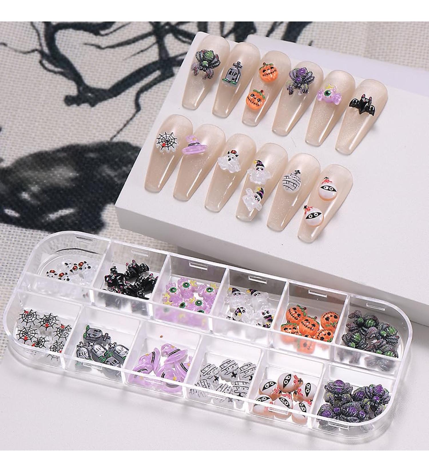 12 Grid Halloween Nail Charms - Rhinestones Spider & Pumpkin Nail Art Supplies for DIY Decor - Buy Online on GoSupps.com