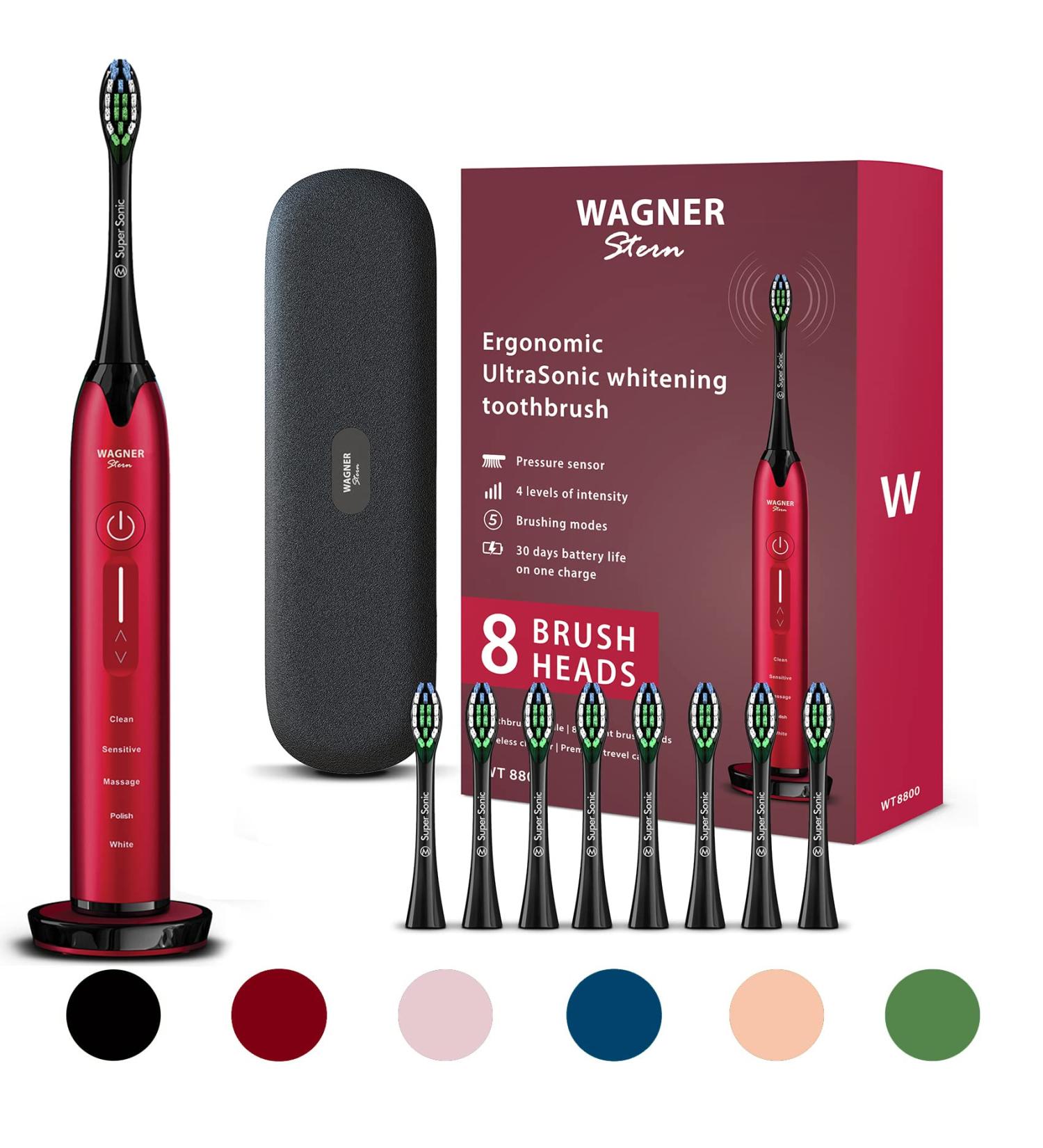 Wagner & Stern Ultrasonic Whitening Toothbrush with Pressure Sensor - 5 Modes, 4 Intensity Levels, 3D Sliding Control, 8 Dupont Bristles, Premium Travel Case - Burgundy - Buy Online on GoSupps.com