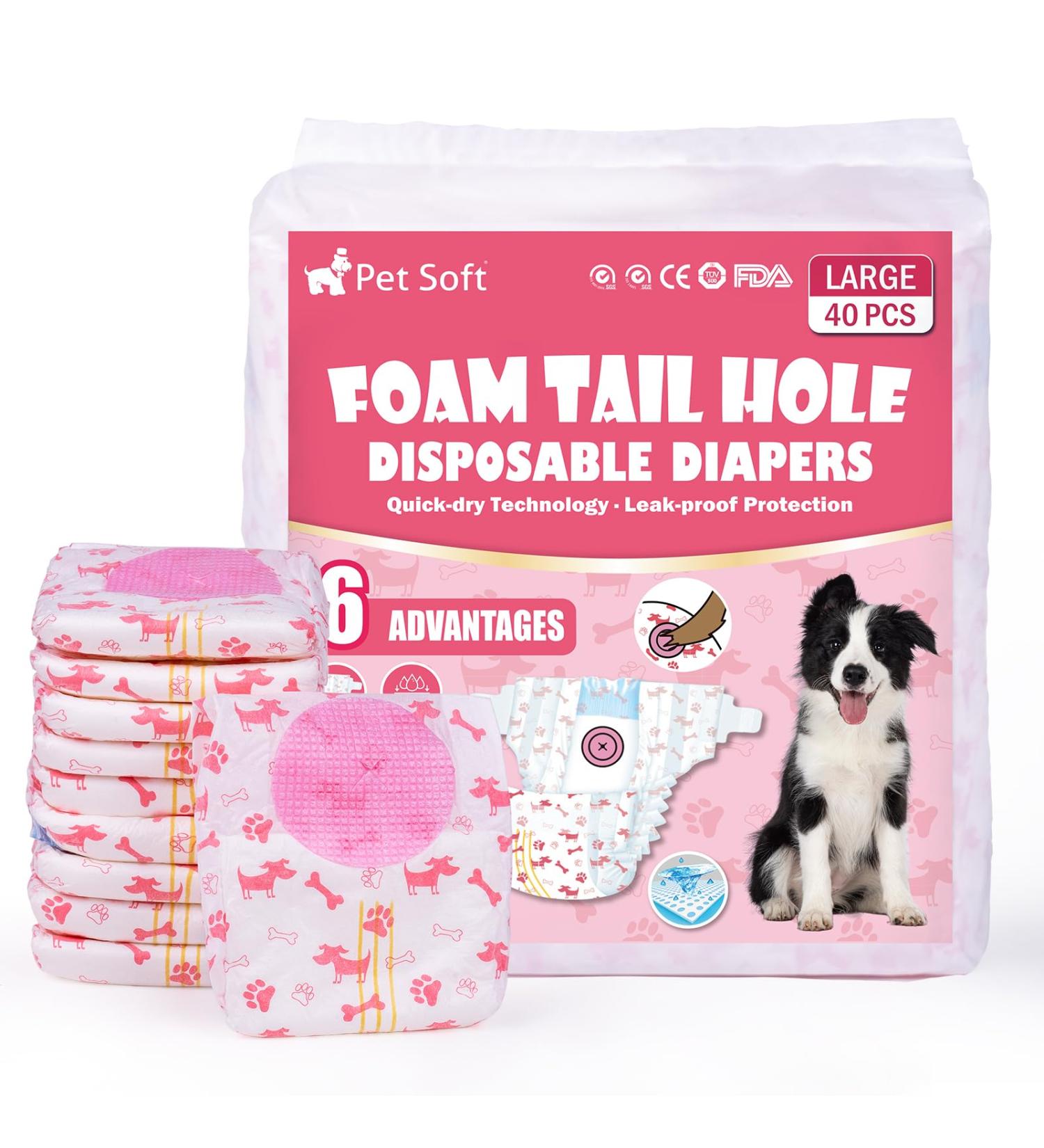 PET Soft Dog Diapers for Bitches - 40 Disposable High-Suction Cat Diapers with Adjustable Tail Hole (L) - Perfect for Dogs & Cats - Buy Online on GoSupps.com