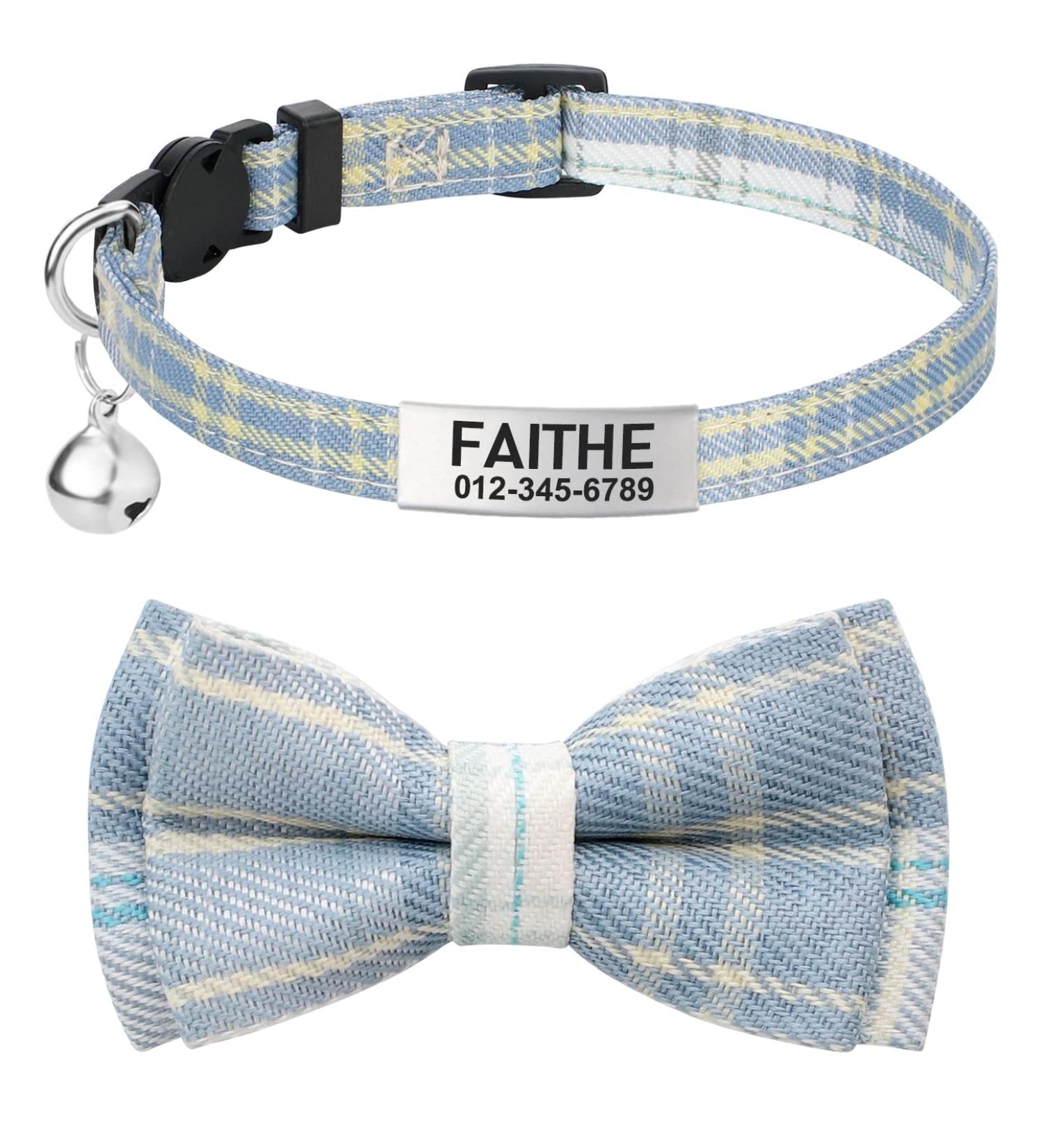 Tagme Cat Collars with Names & Phone Numbers | Safe Light Blue Plaid Kitten Neck Band with Bell | International Shipping Available - Buy Online on GoSupps.com