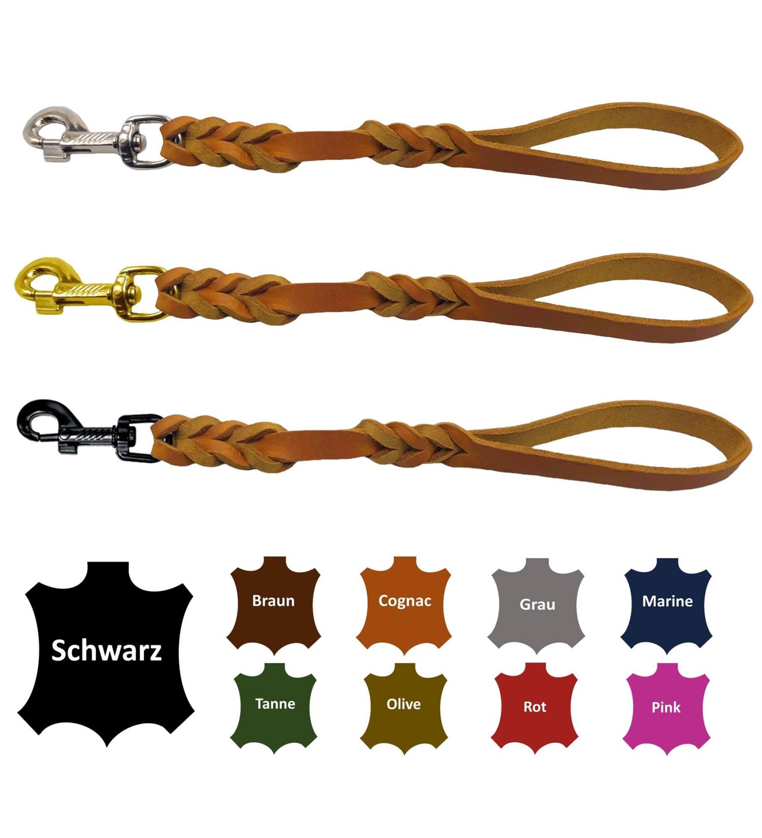Dog liner/short guide leather hand braid for medium and large dogs (cognac 40cm hook: brass (gold)) 40cm hooks: brass (gold) cognac