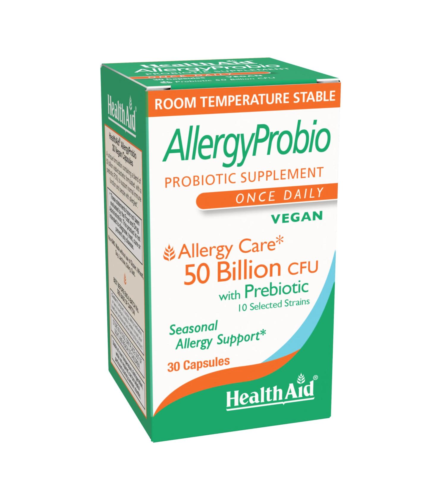HealthAid AllergyProbio 50 Billion CFU Vegan Probiotic with Prebiotic 30 Capsules Once Daily Seasonal Allergy Support