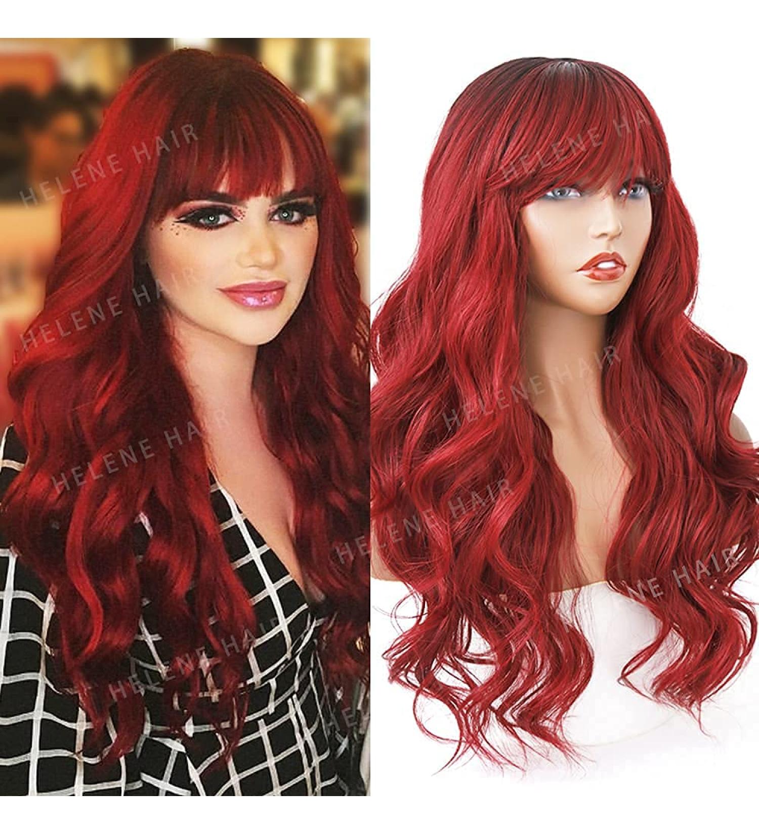 Burgundy Red Ombre Wine Long Wavy Wig with Bangs - 24 Inches Heat Resistant Synthetic Wig for Black Women - Daily Cosplay - Buy Online on GoSupps.com