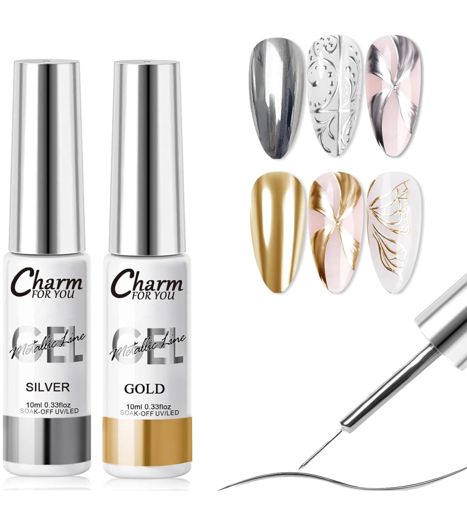 Liner Nail Gel Polish Set - Gold & Silver Chrome Gel Nail Polish Liner Metallic Effect - Metallic Painting Gel Liner Nail Art 3D Mirror - French Manicure Nail Polish - UV Liner Nail Gel gold and silver - Buy Online on GoSupps.com