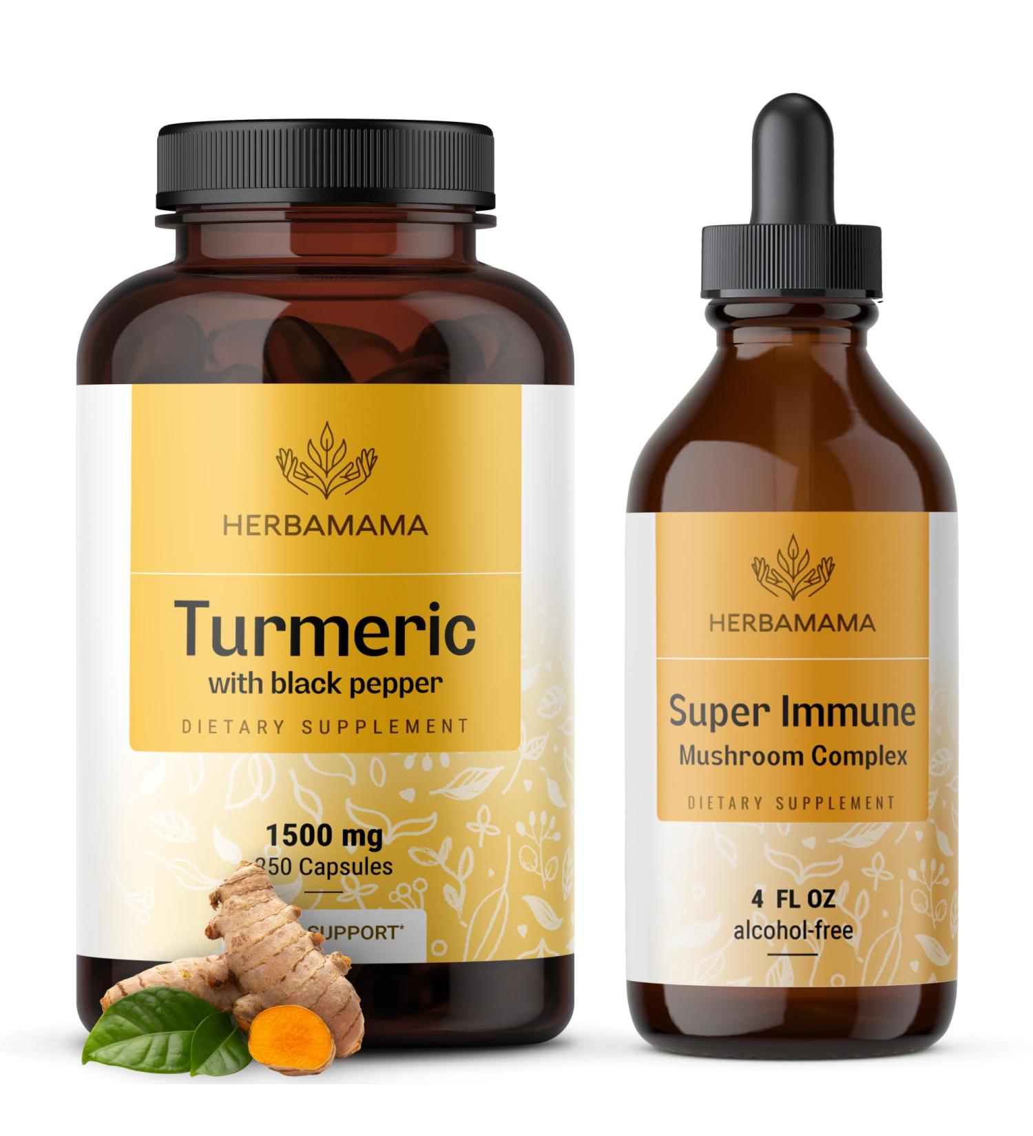 HERBAMAMA Turmeric and Super Immune Mushroom Kit - Bundle of 1500 mg Turmeric Curcumin Capsules & Super Immune Mushroom Complex Tincture - Vegan Non GMO Sugar & Alcohol-Free - 2 Pack - Buy Online on GoSupps.com