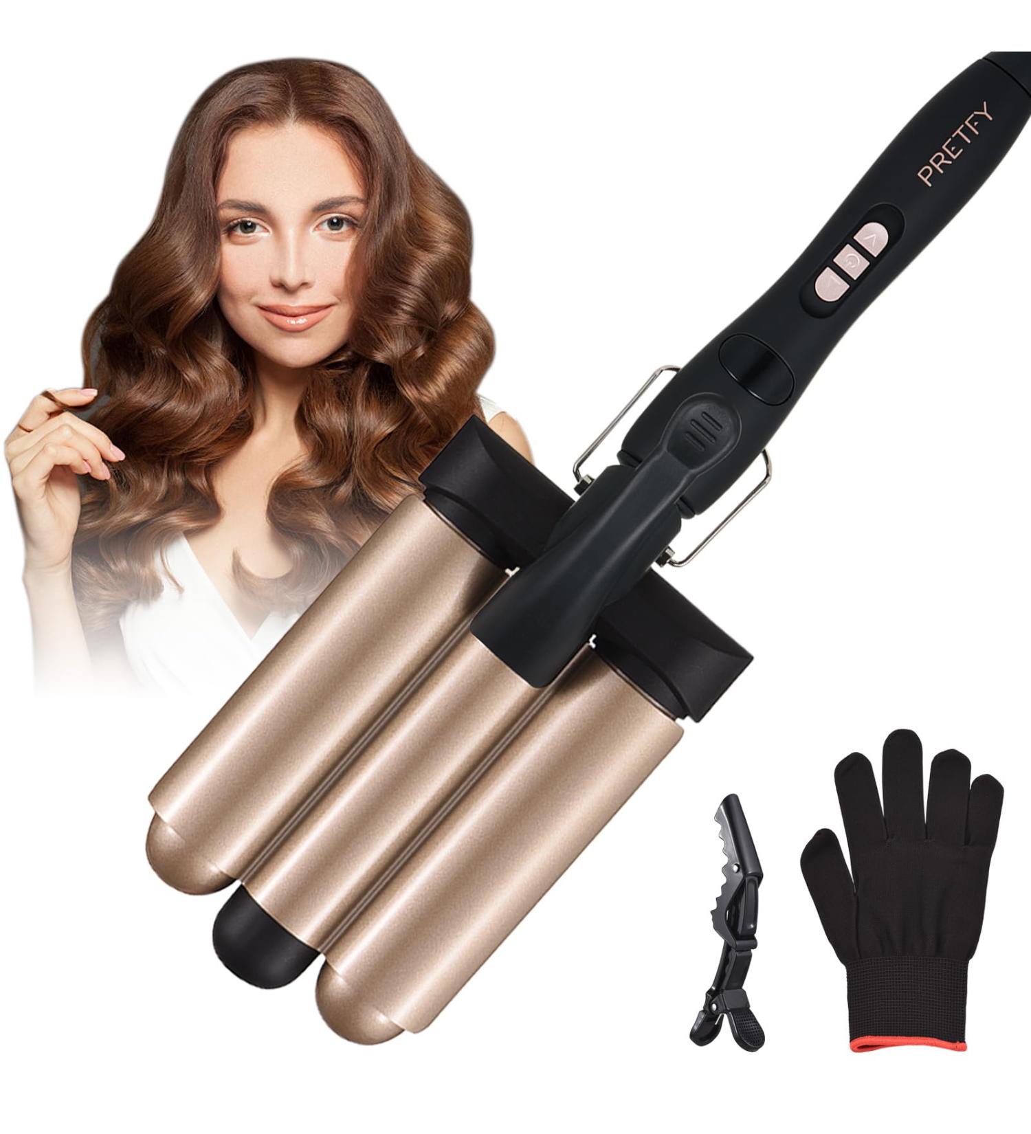 3 Barrel Curling Iron Wand - 1.25 Inch Ceramic Tourmaline Triple Barrel Hair Waver with Adjustable Temperature & LCD Display - Portable Rose Gold Crimper for Effortless Beach Waves - Buy Online on GoSupps.com