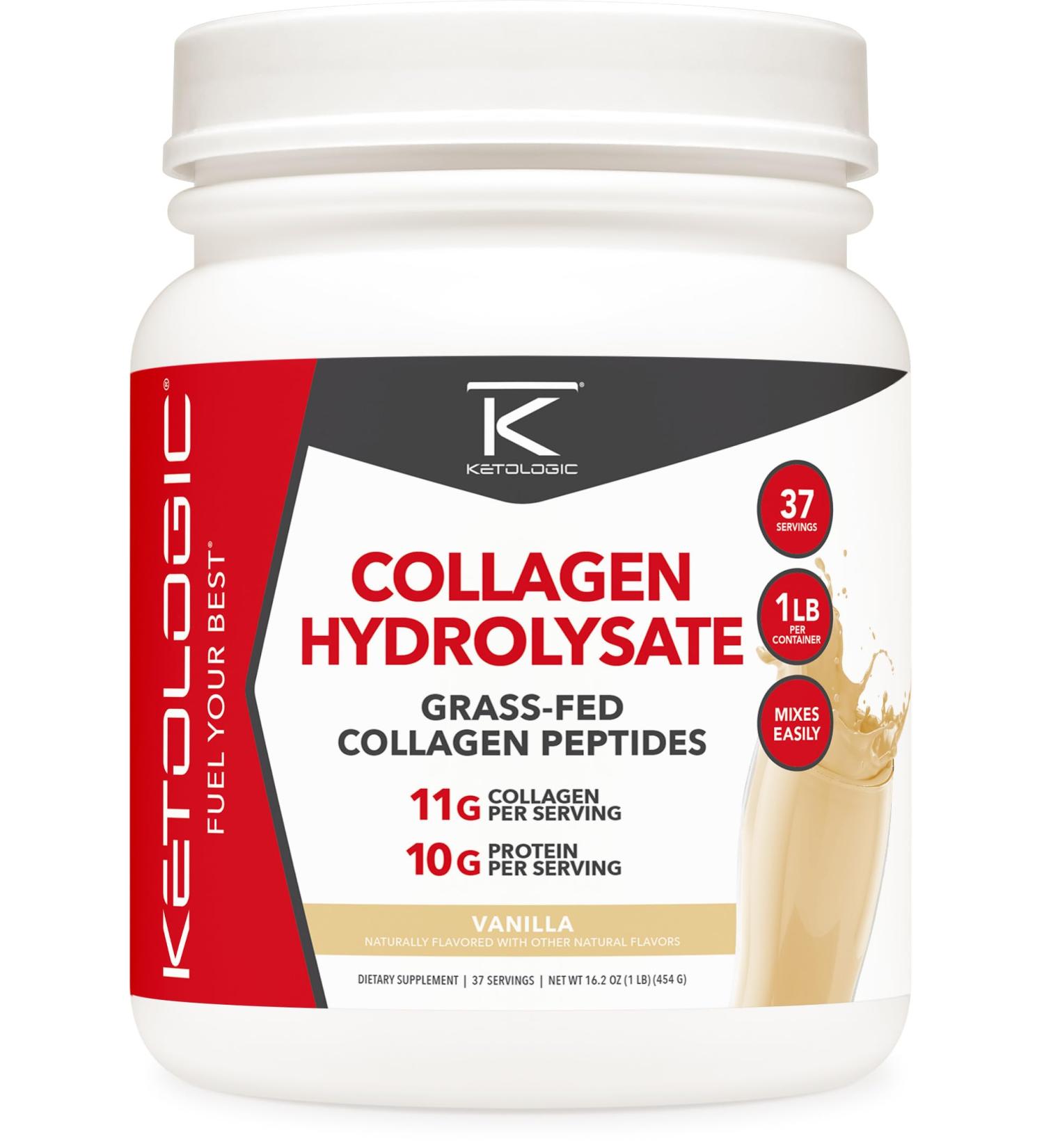 Ketologic Grass Fed Collagen Hydrolysate Powder (Vanilla) (1 LB) - 37 Servings 11 G Collagen Per Serving 10 G Protein Per Serving - Grass-fed Collagen Peptides - Buy Online on GoSupps.com