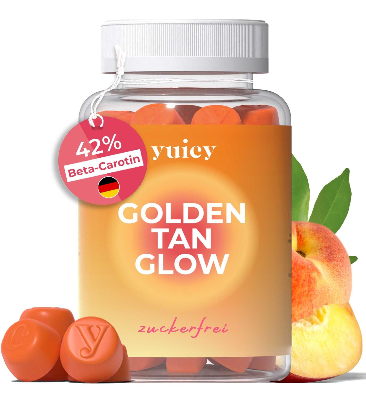 Yuicy Golden Tan Glow Gummy Bears - High-Dose Beta-Carotene Skin Vitamins for Long-Lasting Tan & Healthy Skin | Vegan | Made in Germany - 60 Count - Buy Online on GoSupps.com