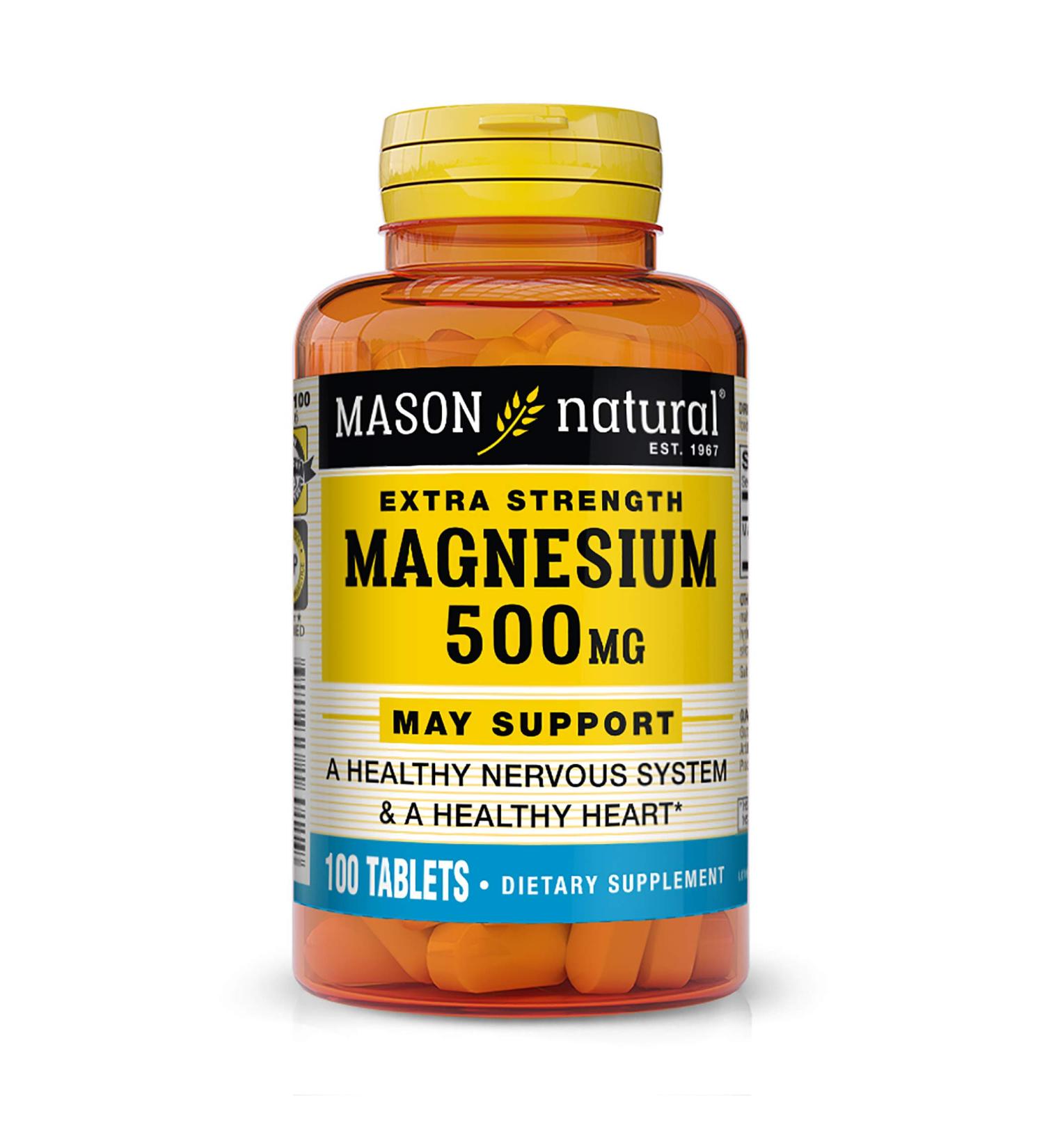 Mason Natural Magnesium 500mg Extra Strength Tablets - Supports Healthy Heart & Nervous System, Muscle Function & Recovery - Essential Nutrient, 100 Count - Buy Online on GoSupps.com