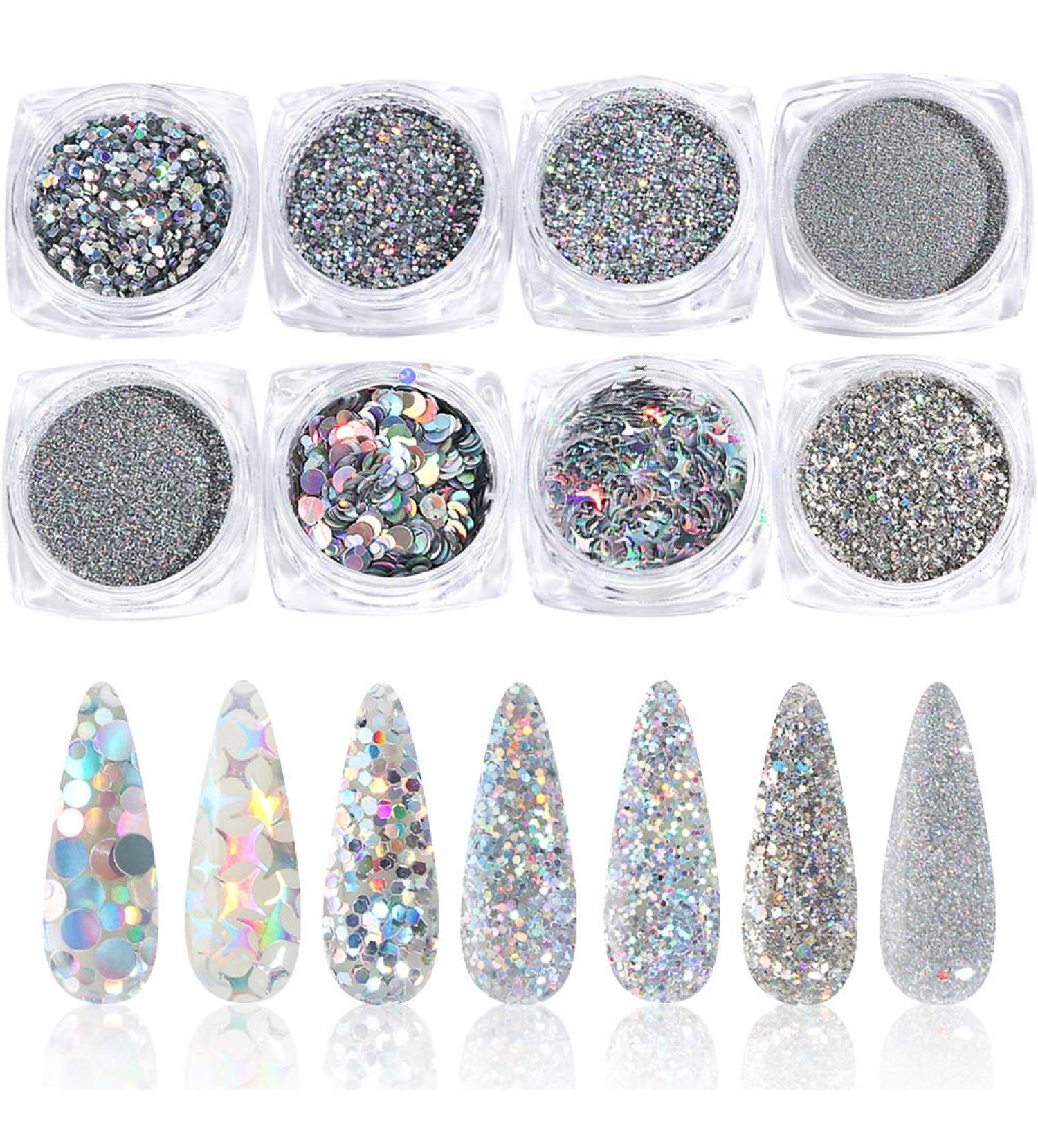 Holographic Nail Art Sequins Glitter Kits - 8 Boxes Metallic Shining Flakes Silver Nail Glitter Set by KISSBUTY for Holographic Manicure - Buy Online on GoSupps.com
