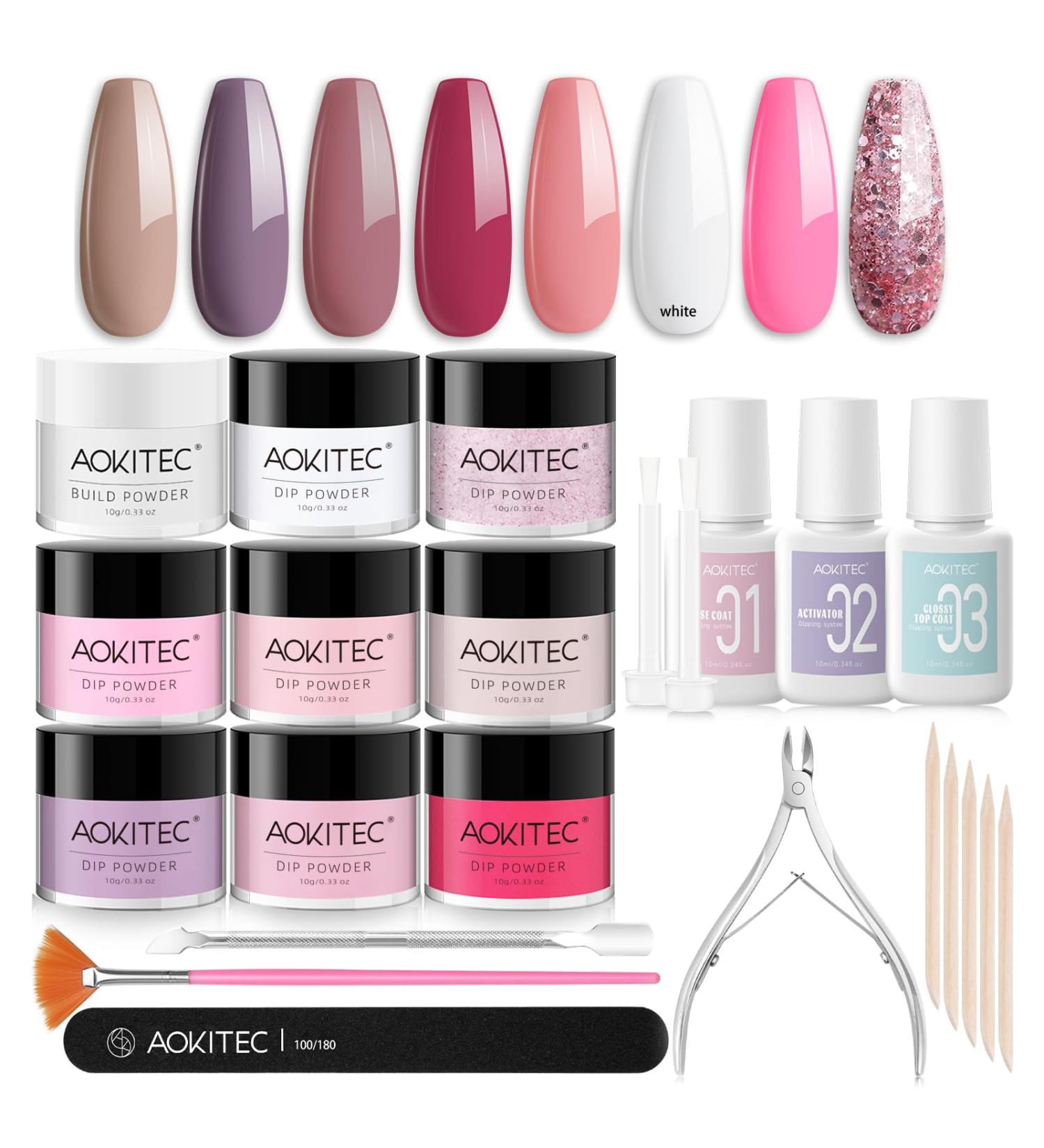 AOKITEC 23-Piece Dipping Powder Nails Set - White Pink Red & Glitter | DIY French Nail Art Accessories with DIP Liquid Base & Top Gels | 02-ROSA Glitter Color - Buy Online on GoSupps.com