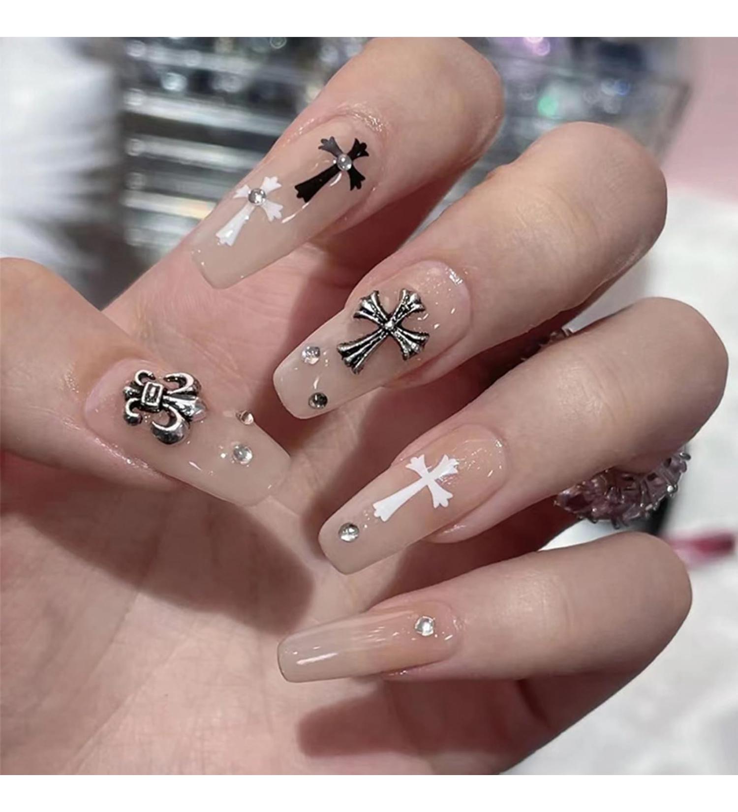 Gothic Long Halloween False Nails - 24pcs Coffin Design Nude Fake Nails with Glue Sticker for Women and Girls - Buy Online on GoSupps.com