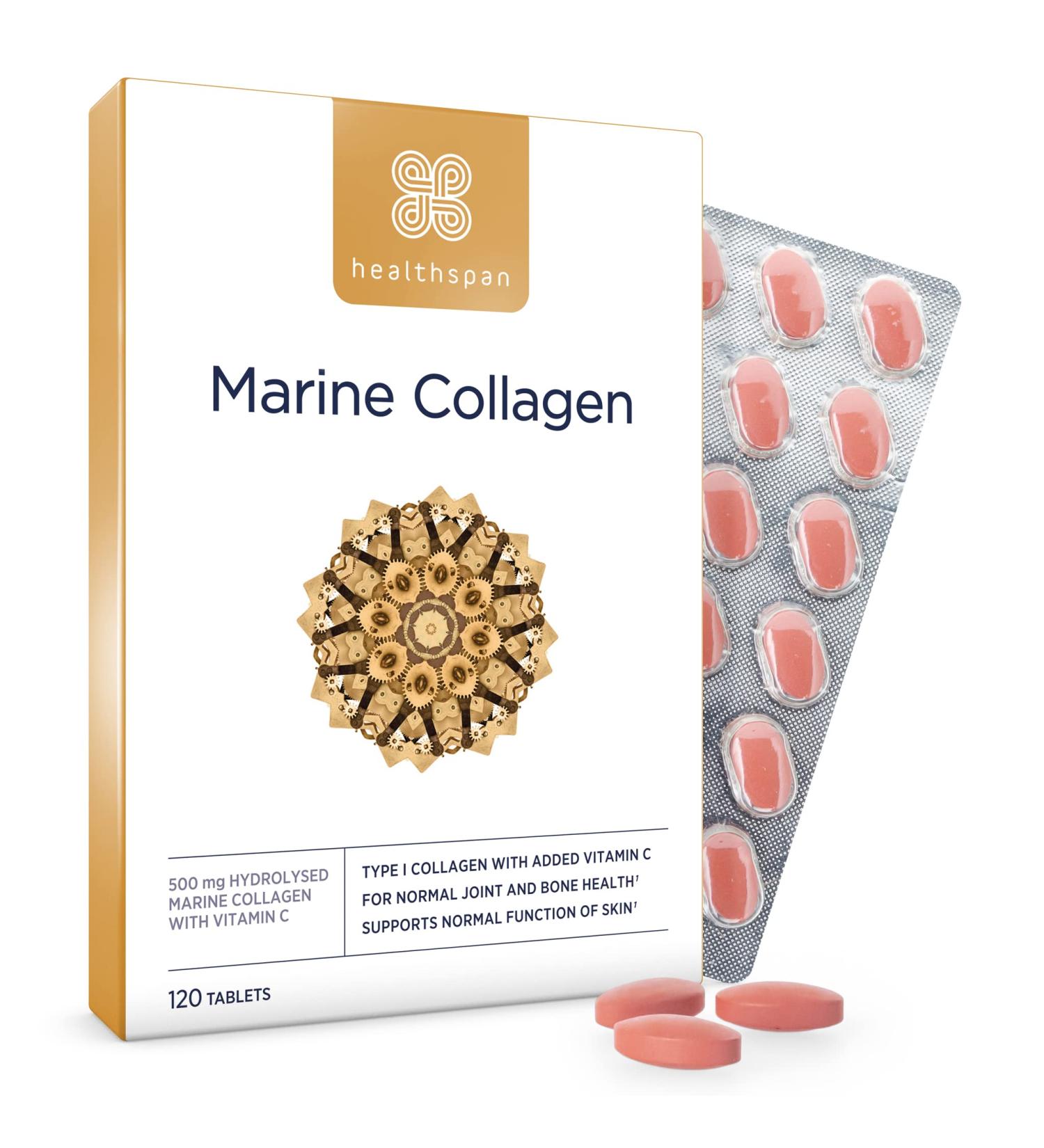 Healthspan Marine Collagen 500mg (120 Tablets) - Type I Marine Collagen with Vitamin C for Skin, Bones & Joints Support - Buy Online on GoSupps.com