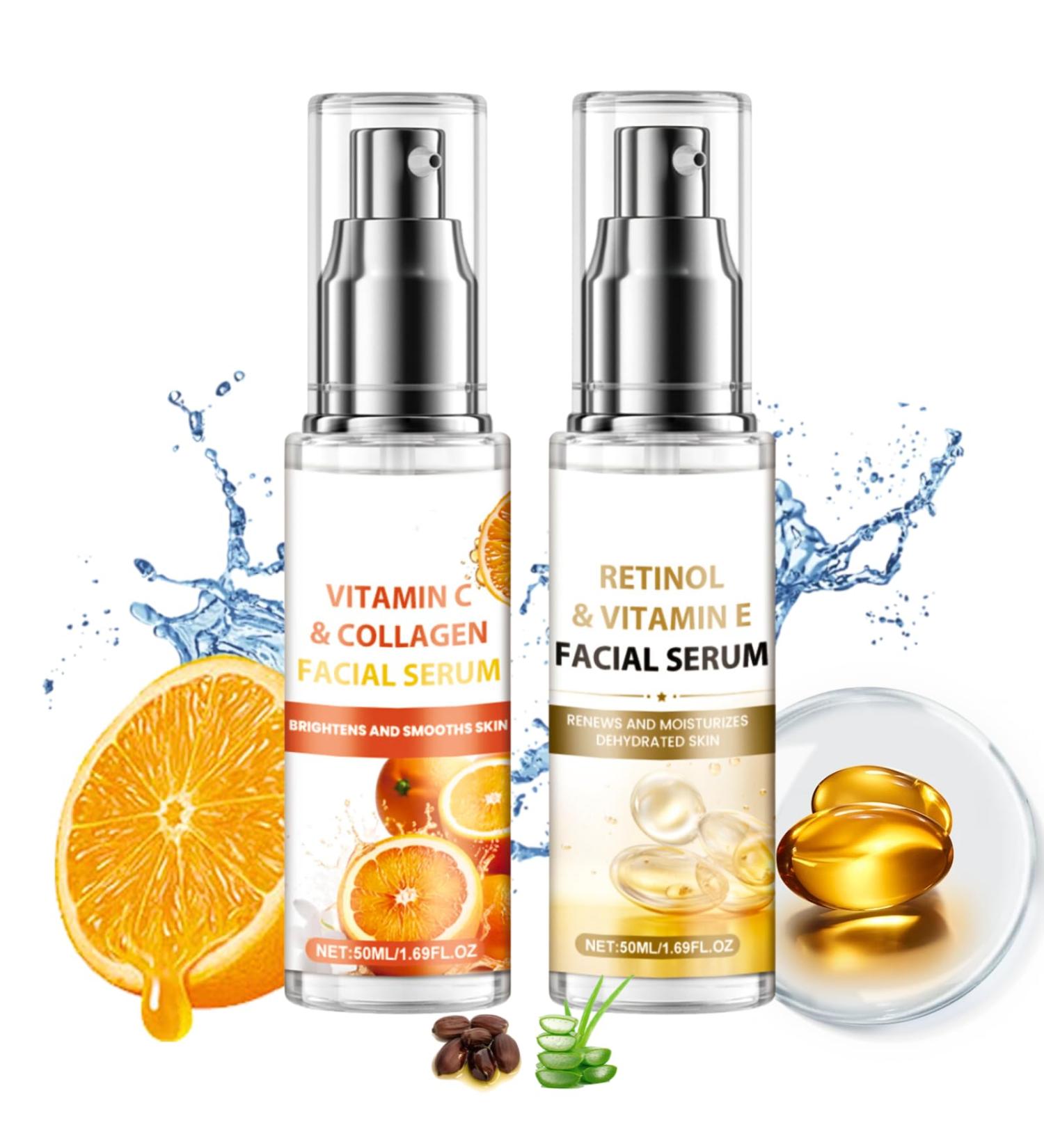Vitamin C & Vitamin E Serum Facial Set Morning C and Night E Skincare Gift Set Anti-Wrinkle Tighten Skincare Set with Vitamin C & Collagen Serum (Day Use) Retinol & Vitamin E Serum(Night Use) - Buy Online on GoSupps.com