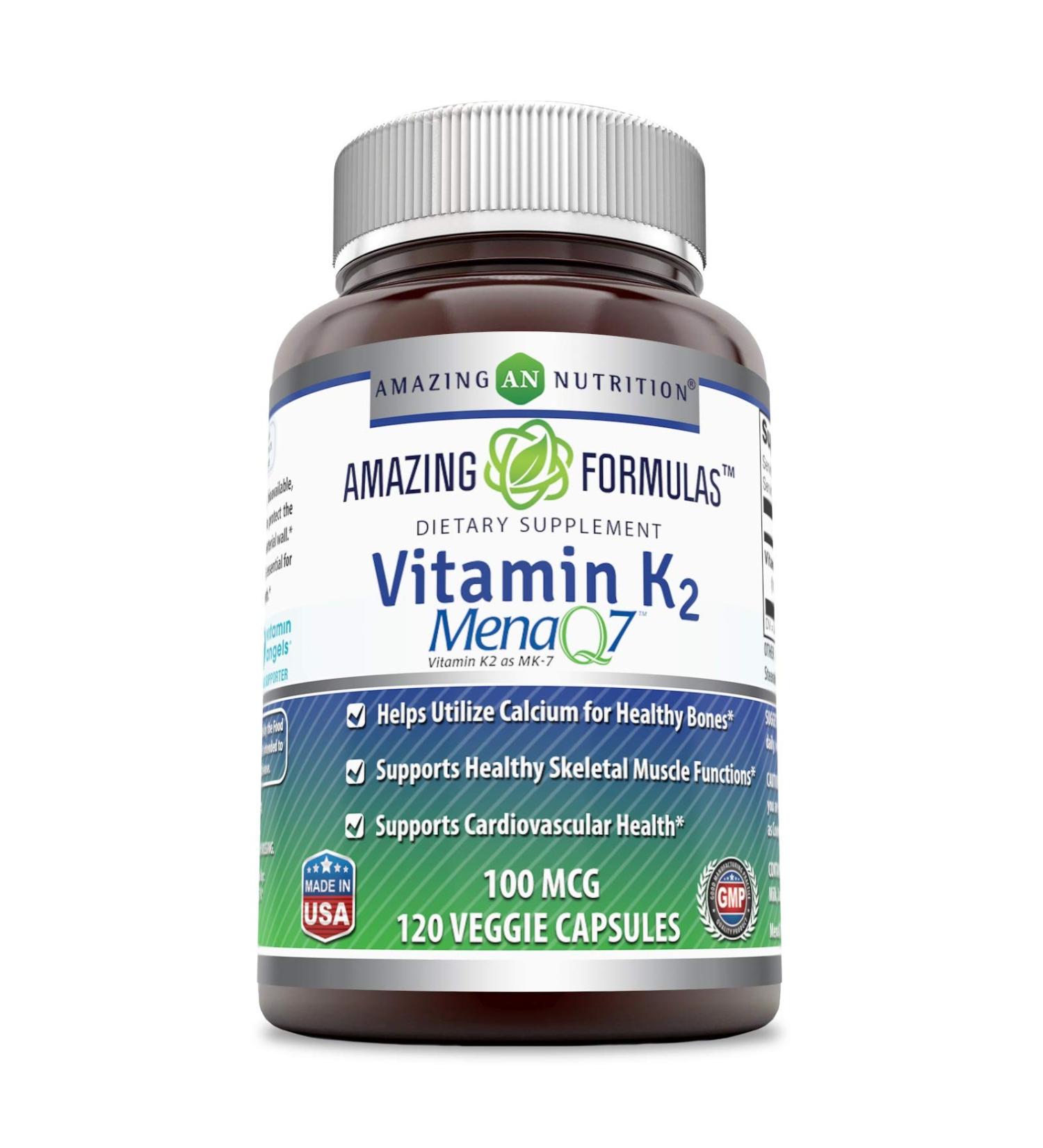 Amazing Nutrition Vitamin K2 100 mcg - 120 Vegan Capsules for Bone & Heart Health - Buy Online on GoSupps.com