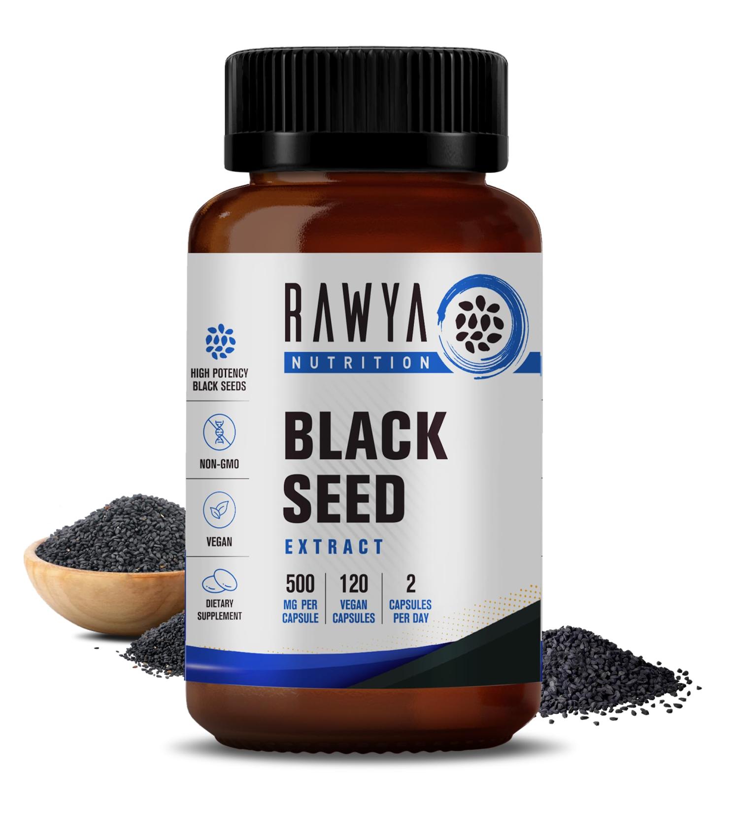 RAWYA Nutrition Black Seed Extract Nigella Sativa Black Cumin Seed Powder 500 mg Each Promotes Wellness Flexibility and Radiant Skin Halal Vegan Pure & Natural Supplement - 120 Vegan Capsules - Buy Online on GoSupps.com