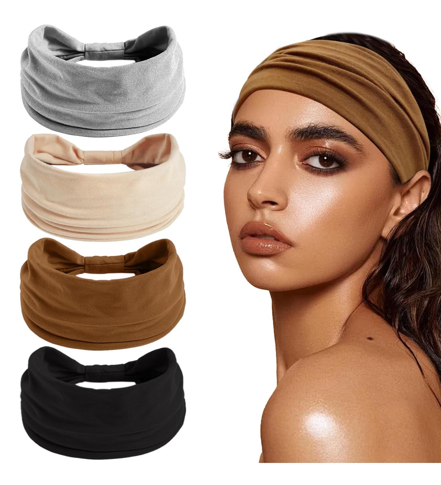 4 Pack Women's Elastic Headbands - Fashionable Boho Hair Bands in Leopard Print & Solid Colors - Buy Online on GoSupps.com